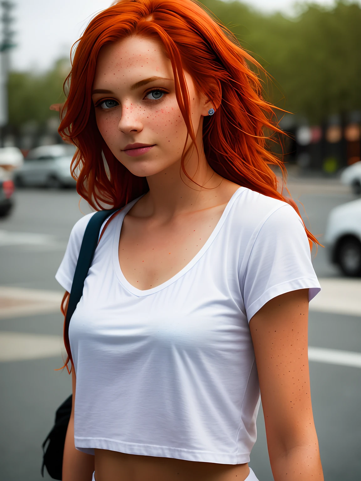 ein 17mm Ultraweitwinkel, Portrait of a (Rothaarige:1.2) Staying on the street of the modern city, : white shirt, visible through the white top T-shirt, slate atmosphere, lightroom, 35mm Film, filmisch, Gedimmte Farben, Dunkler Schuss, dim colors, film grainy, Laute, Wahnsinnige Details, Komplizierte Details, Hyperdetailliert, Closeup, nightfall, Mit ihrem feuerroten Haar, das wie geschmolzene Seide herabfiel, Schlanke Passform . Her slightly tanned skin is adorned with freckles. strahlend blaue Augen.