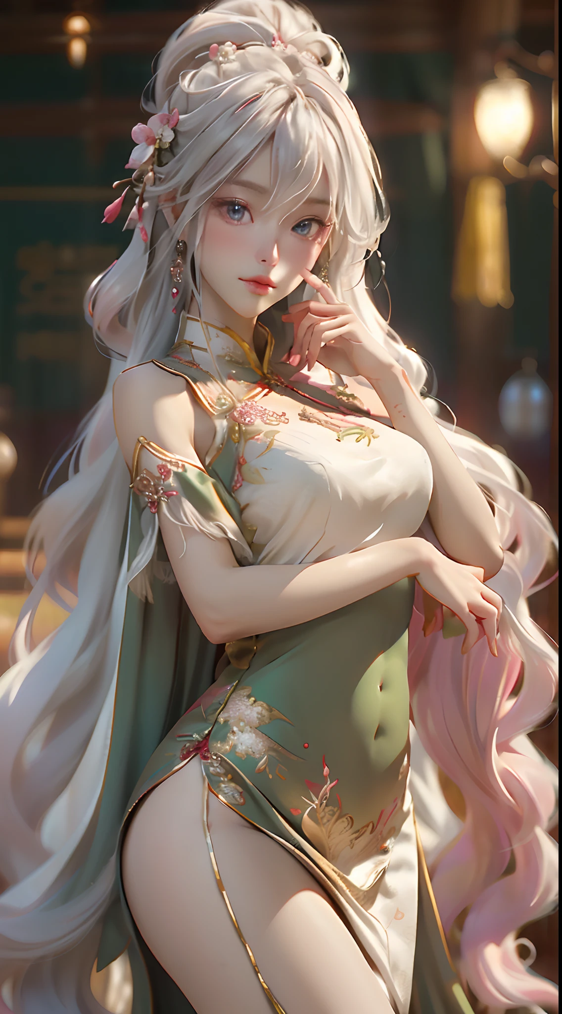 1girl,(((mature female))),chinese style, ancient china, sister,green long dress, plum blossoms,((Green walls)),alling flower petals,(upper body, half body shot, caring),{best quality}, {{masterpiece}}, extremely detailed 8K wallpaper, {an extremely delicate and beautiful}, colorful, intricately detailed, Realistic, real, camera quality, (detailed depiction of clothes), cool white skin, (detailed depiction of blush), 1080p, sun, smooth light white hair,bright and silky skin ,super fine illustration, beautiful eyes, very fine light, fine glow, full body close-up,Hanfu,ru_qun,(closeup cleavage),