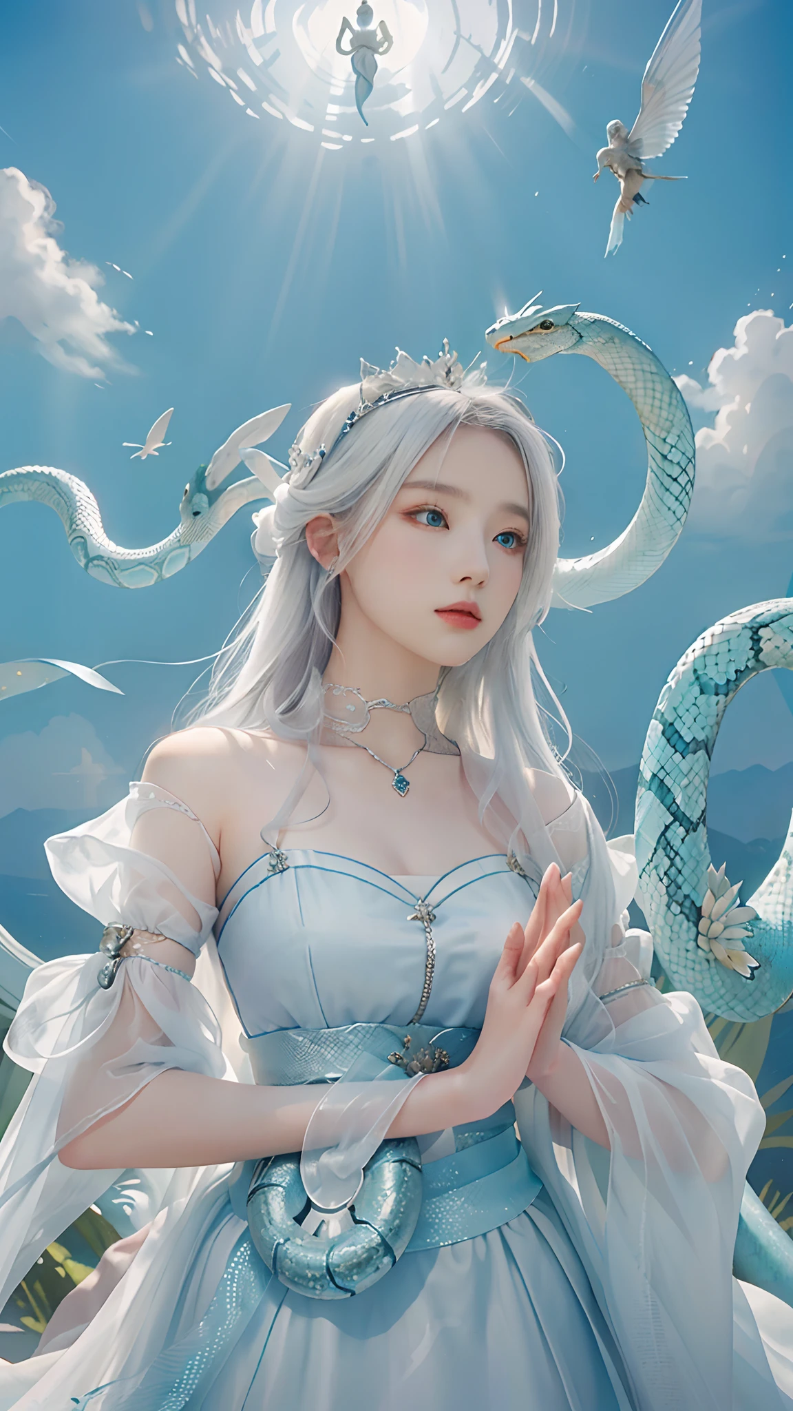 Double whirlwind pattern design garment，Heterochromic pupils，Silver-haired girl，Partial underwater photography，Look up，Protagonist perspective，Water Dragon Magic，light particules，Mixed exposure，wallpaper hd