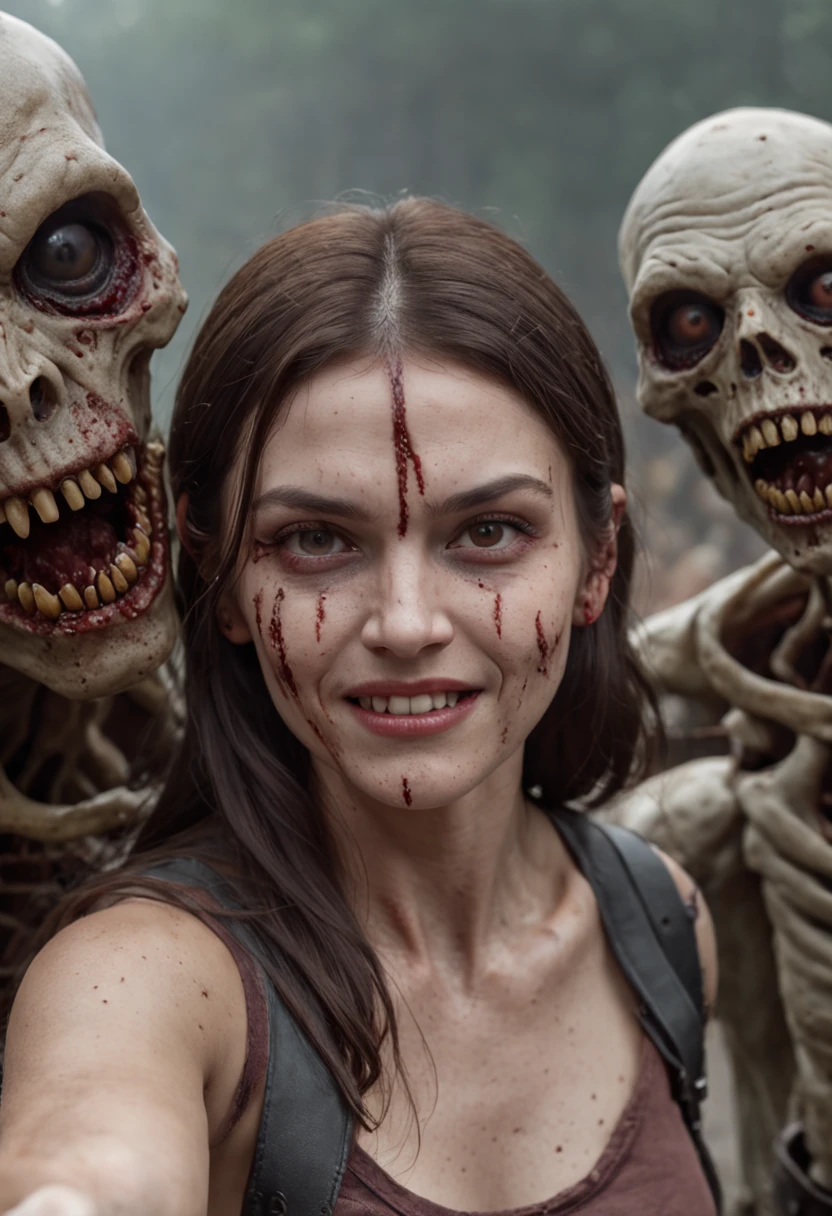 An ultra-realistic selfie taken by an extremely beautiful woman with a glowing happy face, with angry zombies running in the background. She exudes confidence as she stands surrounded by the undead, a fearless warrior in a world gone mad. The zombies, with their grotesque features and menacing presence, add a thrilling element to the image. Her radiant smile is a beacon of hope in this post-apocalyptic nightmare. Photographed by Mario Sorrenti, using a Canon EOS 5D Mark IV with a 35mm lens, the lighting is a mix of natural light and colored gels, creating a dynamic and intense atmosphere. 8K, Ultra-HD, Super-Resolution. --v 5 --q 2