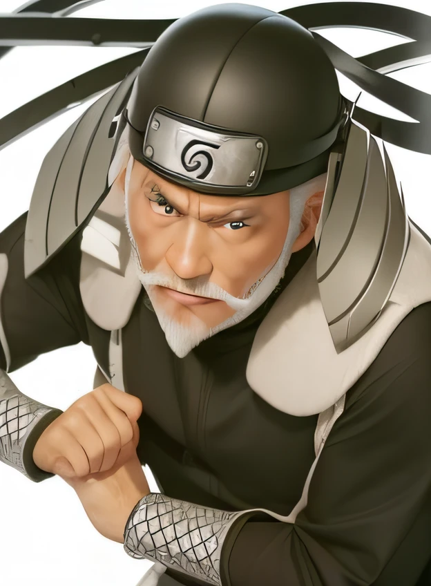 Sarutobi is a character in the Naruto anime. An old man. Wears a black helmet with the Konoha logo. The helmet is decorated with iron armor plates like long ears on both sides of the edges. On his shoulder there is an iron shield. Wearing a black long sleeve spandex shirt. has 3 lines under his eyes, there is a white beard which is only on his chin. exudes a sense of wisdom and authority as the esteemed Third Hokage from the Naruto Anime.