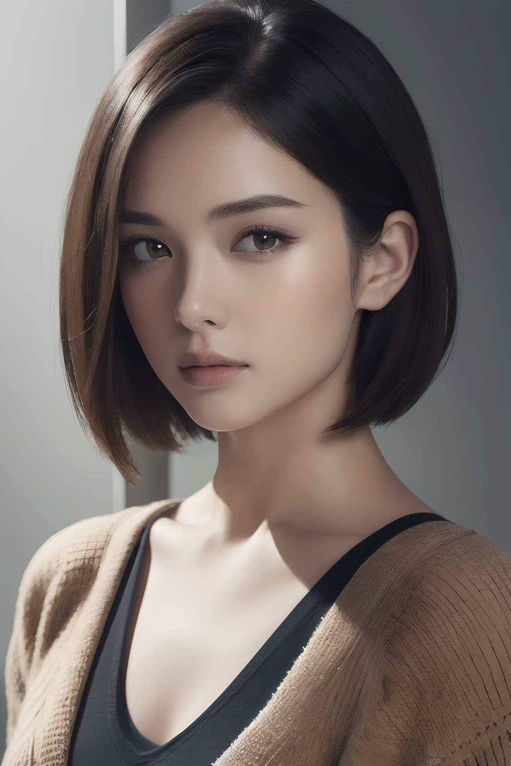 (masuter piece:1.3), (8K, Photorealsitic, Raw photography, top-quality: 1.4), (1girl in), beautiful countenance, (Lifelike face), (A dark-haired, short-hair:1.3), Beautiful hairstyle, realisticeyes, Beautiful details, real looking skin, Beautiful skins, Sweaters, absurderes, enticing, 超A high resolution, A hyper-realistic, high-detail, the golden ratio