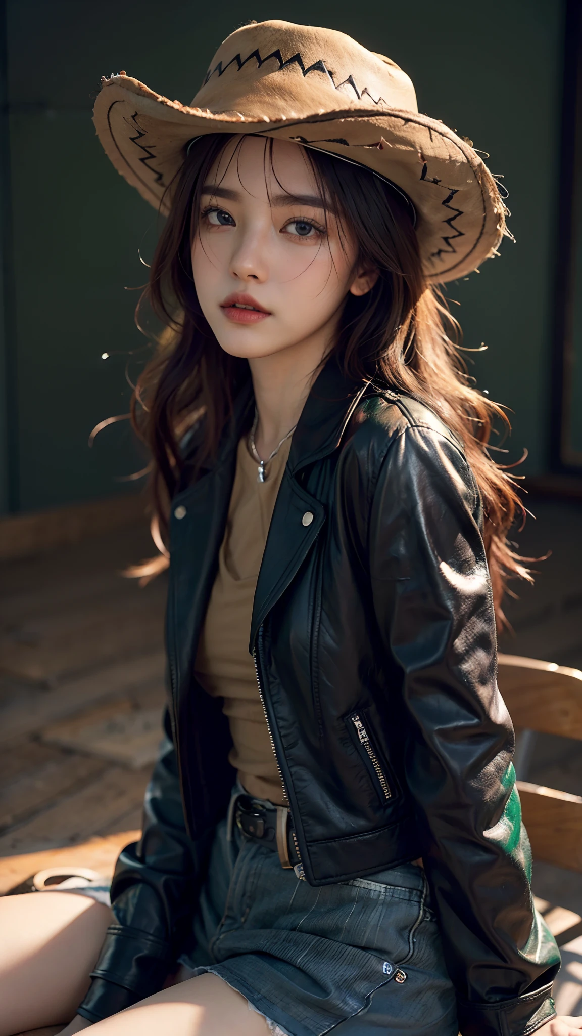 4k hltra hd, mastermiece, best quality, a girl, good face, detailed eyes, detailed lips, long hair, strait hair, wearing cowboy outfit, green leather jacket, green outfit, cowboy hat, blurred background, morning, sitting, whole body capture,