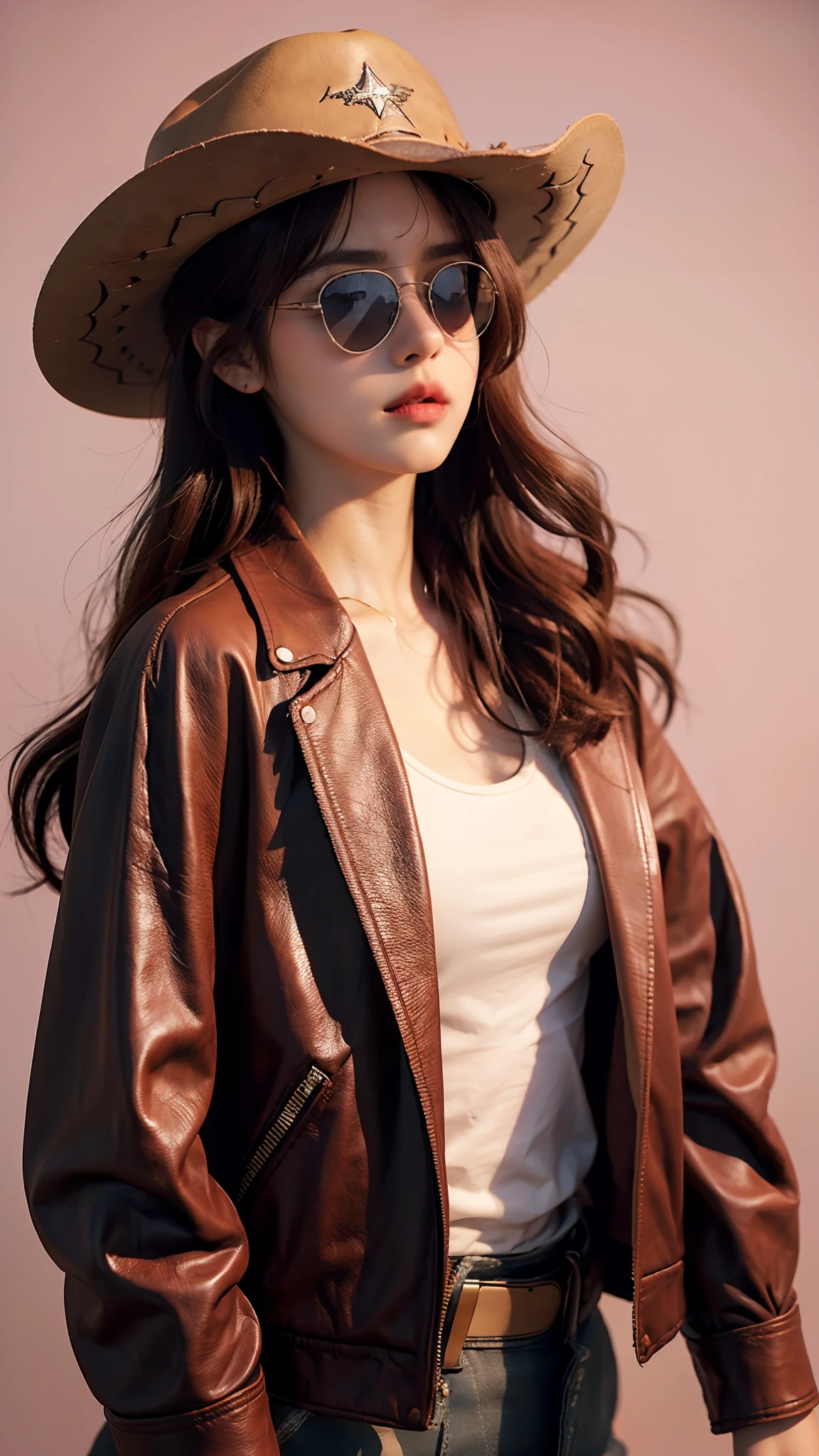 4k hltra hd, mastermiece, best quality, a girl, good face, detailed, sun glasses, detailed lips, long hair, strait hair, wearing cowboy outfit, pink leather jacket, pink outfit, cowboy hat, blurred background, morning, upper body capture,,