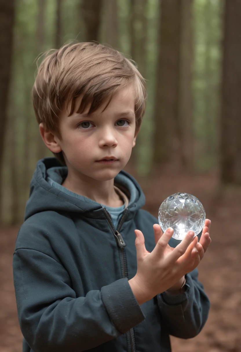 young boy sees a glowing crystal orb in a dark scary forest