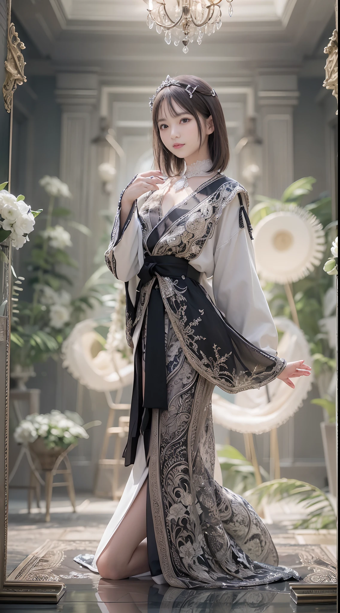 best qualtiy, ultra - detailed,beautifuldetails,(1Beautiful woman),Hair ornament on the head,depth of fields,(alluring face),(((black-short-hair))),A sly smile, 电影灯光, Luxurious room, depth of fields,poster for
