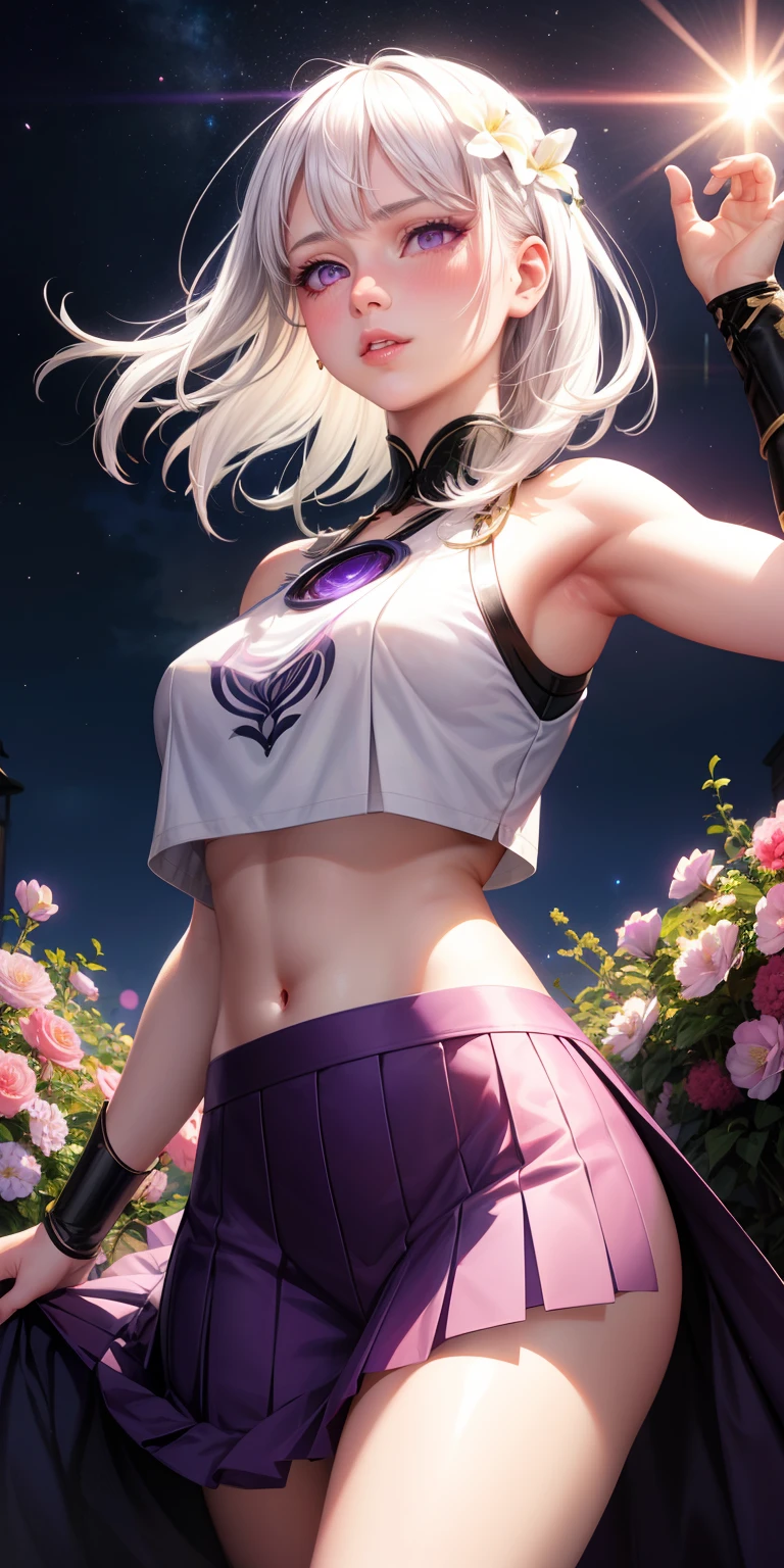 Realistic, 1girll, White hair, Purple eyes, Glowing eyes, Crop top, Skirt, parted lip, Blush, Night, Flowers, Sun, Sunlight, Hinata,