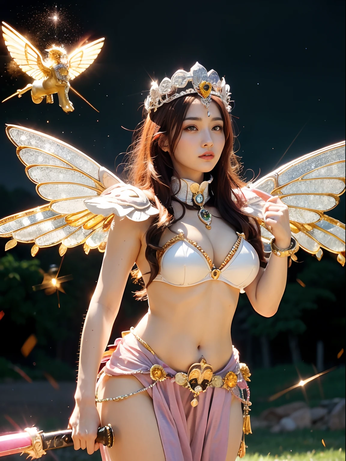 (masutepiece), Professional , masterpiece、top-quality、photos realistic , depth of fields (Gemstone White Metal Body:1.9),(Matte White Pink、Jewel Gold Weapon、(Gorgeous castle background)、(ultimate beauty girl)、(Rainbow fairy wings grow)、Particles of light、(Metal body of iridescent gemstones:1.9),Gorgeous Jewel Metal Weapons ,(maikurobikini)、 Detailed Sword of the Brave ,( Pink hair) ,warhammer 40k , adepta sororitas,Detail and ornate jewel crown、独奏、Brown hair、Mystical expression、cleavage of the breast、(Gangle's forest background)、Beautiful Caucasian beauty、1a person、dynamic ungle,(((Diamond tiara with detail and luxury)))、a small face、Powerful poses、(Gorgeous castle background)、huge filesize、20 year old beautiful woman、Stand in the center of the screen、Thin female fingers、Straight long hair、Beautiful Caucasian beauty、(maikurobikini)、Hair fluttering in the wind、face forwards、Look at viewers、(Armpit)、Armpit、