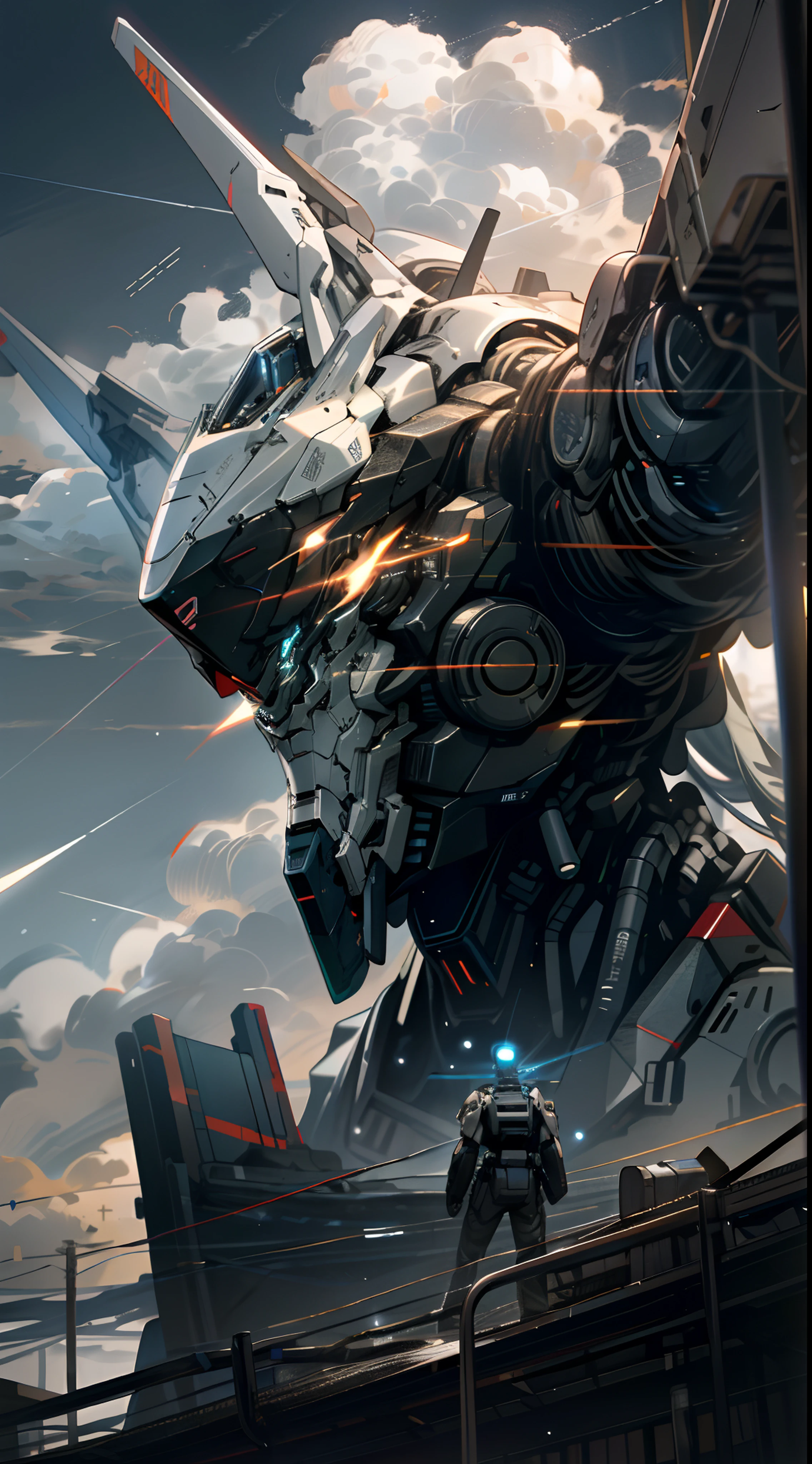 Skysky,clouds,holding_weapon,no_humans,with light glowing,,droid,buliding,glowing_eyes,mecha,scientific fiction,The end of the world,城市,Realistis,mecha