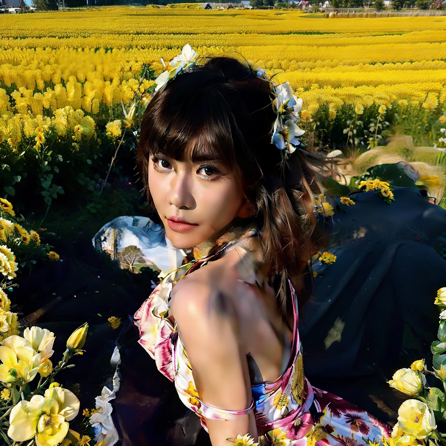 Chinese girl wearing broken flower dress in rape flower field，s the perfect face，Hyper-realistic style，ultra HD picture quality，There is realism