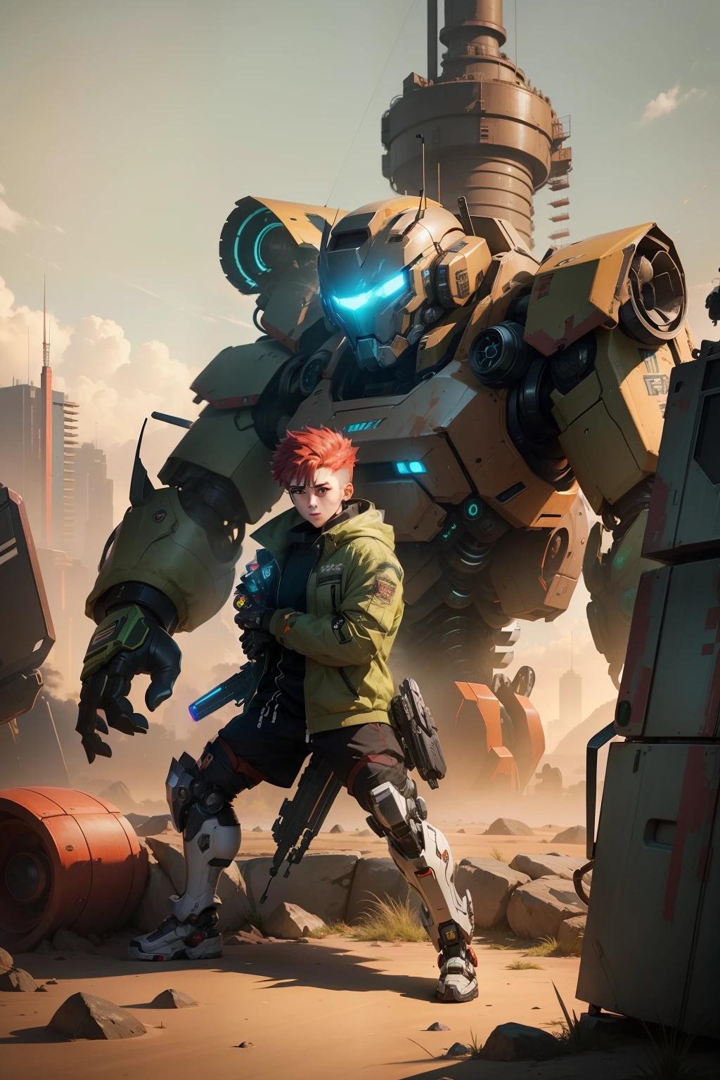 red head teen in real short sleeves stands next to a giant robot, Boy in mech cyber armor, Cyberpunk anime mech, Male mech, cgsociety and fenghua zhong, anime mecha aesthetic, mechanization, Handsome white boy cyborg, cyberpunk, green military camo, dynamic scene, 2 0 y. gal , mecha asthetic, Robot boy Boy in shorts and jacket standing next to giant robot, Guweiz style artwork, CyberPunk mech, Trends on CGSTATION, Guweiz, Russell Dongjun Lu, digital cyberpunk anime art, Ross Tran 8 K, Guweiz on ArtStation Pixiv, boy in mecha network armor