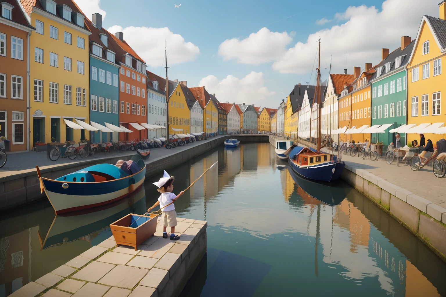 Date: 2005
Country: Denmark
Description: A child in a stylish sailor outfit launches a meticulously crafted paper boat into a serene Copenhagen canal, surrounded by charming colorful houses and a gentle summer breeze.