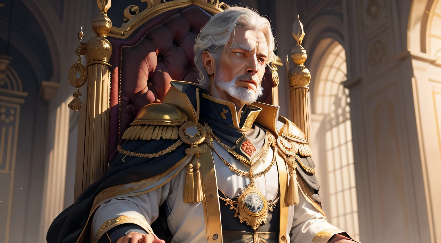 Create a visual representation of an imposing emperor uttering the words: 'I guide the circumstances in my world with confidence, harmonia e generosidade.' The image should convey the aura of leadership, with the emperor emanating confidence as he observes his kingdom with wisdom and benevolence. Detalhes como vestimenta real, Firm facial expression and an atmosphere of grandeur will help convey the message of safe and benevolent leadership.