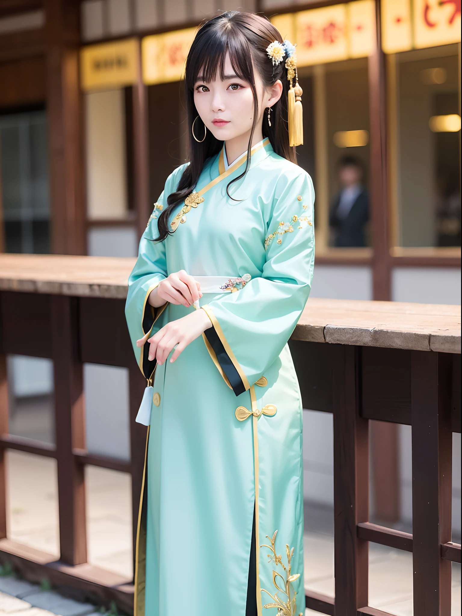 Chinese women in period costumes pose for a group photo, Long-sleeved Han costume, Varied, ,Insert the hairpin into the coiled hair, The clothes are fluttering,Side full body fairy, , Standing on a small bridge, His melancholy eyes looked into the distance, Wear period costumes,Wearing earrings bracelet light green Hanfu delicate embroidery,Detailed facial features and ultra-clear picture quality,Up to 8K resolution