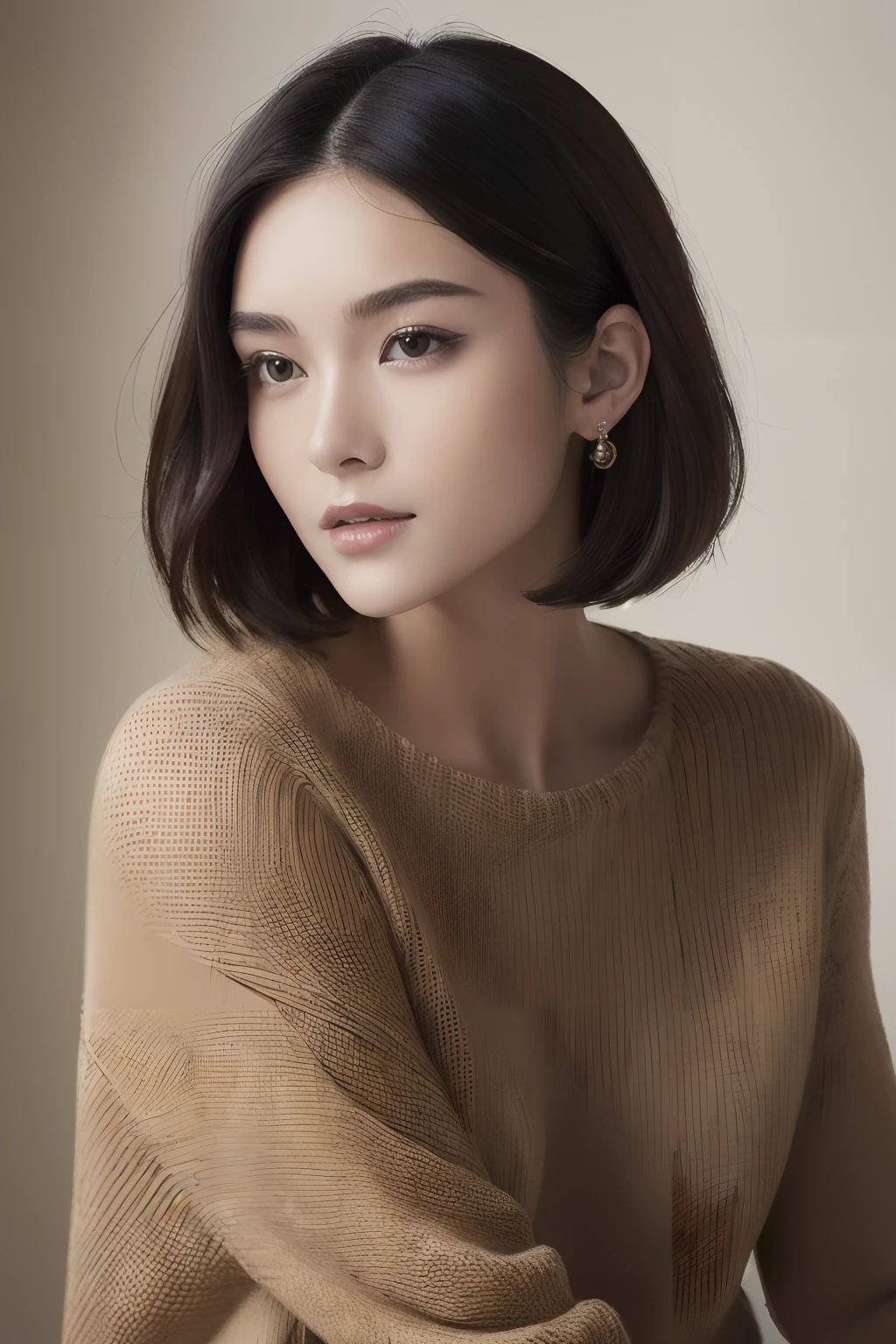 (masuter piece:1.3), (8K, Photorealsitic, Raw photography, top-quality: 1.4), (1girl in), beautiful countenance, (Lifelike face), (A dark-haired, short-hair:1.3), Beautiful hairstyle, realisticeyes, Beautiful details, real looking skin, Beautiful skins, Sweaters, absurderes, enticing, 超A high resolution, A hyper-realistic, high-detail, the golden ratio