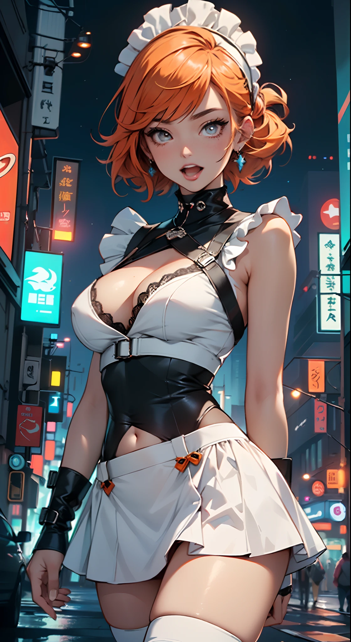 maid girl,(((1girll))),((Anime maid girl seductively walking down the street，She has extremely cute and beautiful orange hair)),

(Large breasts:1.4),crisp breasts,Fluffy breasts,H cup bust,bust up,bulging bust top,(((Orange double tail hair:1.35,Colored inner hair,double tails,Ear breathing))),((Heterochromia,eye1 orange,eye2 red,Perfect eyes,Upturned eyes:1.3,Beautiful detailed eyes,fine detailed beautiful eyes:1,big highlight on eyes:1.2,slanty eyes)),((Fat)),(((Glossy glossy skin:1.5,Bright Skin: 1.5,dark tanned skin,Shiny skin,very shiny skin,shining body,plastic glitter skin,exaggerated shiny skin))),(spider lower abdomen,Narrow waist,Wide buttock,atheletic body,inflated legs,delicate detailed fingers,Detailed body,detailed arms,human hand,(Detailed face)),

Cute,slutty,Seductive,Erotic,(((NSFW))),

zettai ryouiki,(maid headdress),Maid uniform,headdress,(maid),Sleeveless,Mini skirt,Boots,cleavage cutout,Bare legs,Clothes with a lot of lace frills,(detailed outfits,Detailed clothes),

(Dynamic pose:1.0),solofocus,cheerfulness,((Open mouth)),,Centered,Scale to fit the dimensions,Rule of thirds,

Outdoors,((Night view)),(Very beautiful urban neon synthetics,Cyberpunk night street background:1.5,Dark sky,Thick clouds),Future vehicles,((Neon lights)),Thick clouds,(Cyberpunk Style,Neon lights, (Synthetic wave theme background), Lonely streets),(((Detailed background:1.25))),

(Best quality),(high resolution),(Sharp focus),(Ultra detailed),(Extremely detailed),(extremely high quality artwork),8K_the wallpaper,(Extremely detailed CG 8K),(Very fine 8K CG),((hyper super ultra detailed perfect piece)),Flawless,(((Masterpiece))),illustration,Vibrant colors,(Intricate),High contrast,Selective lighting,Doubleexposure,hdr (HighDynamicRange),Post-processing,Background blur,