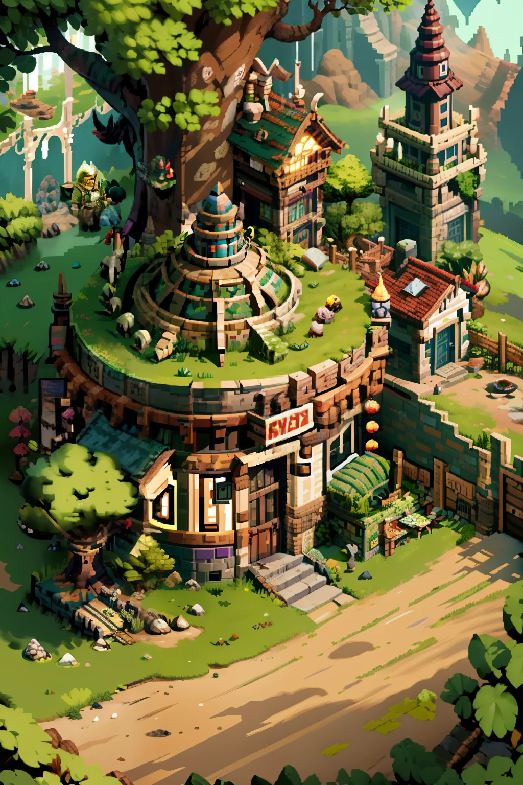 Horizontal pixel games,(Pixel art:1.4),Q version《dungeons and dragons》,borgar,The tree,Wagas,Steps,Wasteland,(Hungry fat dragon:1.4),((best qualtiy)),super-fine,8K,A detailed,acurate