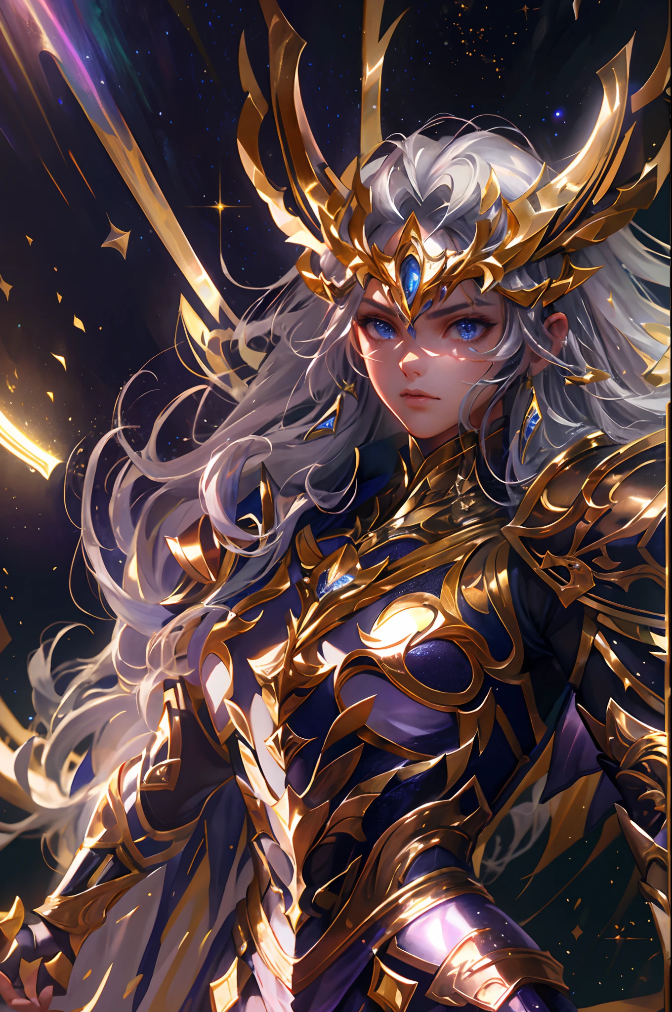 Ultra-high saturation，（tmasterpiece）， fully body photo，（best qualtiy）， （1girll）， starryskybackground，Wearing shiny gold armor， Sexy lingerie type armor，Expose your chest，Expose the waistline，Exposing thighs，cool-pose， Saint Seiya Armor， messy  hair，high detal, Anime style, Cinematic lighting, Sparkle, god light, Ray traching, filmgrain, hyper HD, textureskin, super detailing, Anatomical correct, A high resolution，Ultra-high saturation，hight contrast，High-gloss armor，Smooth skin，Serious expressions,Dark room,