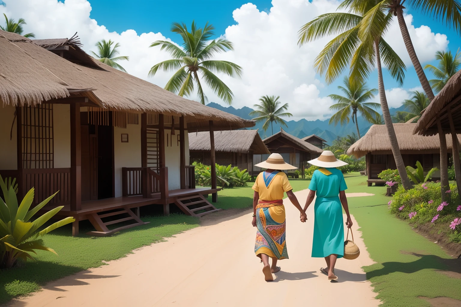 Year: 2021
Country: Fiji
Description: In a quaint Fijian village, an adult woman dressed in a vibrant sulu jaba walks hand in hand with her elderly grandmother. They stroll along a palm-fringed path, passing by thatched-roof houses adorned with colorful floral arrangements, exemplifying the close-knit community and traditions of Fiji.