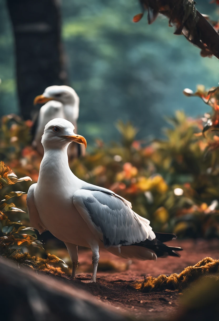 seagulls , Beautiful, stunning realistic photograph, Focused, High details, High quality, hyperlight , 8K, Cinematic, picure, Intricate, voluminetric lighting, Beautiful, Blur jungle background,