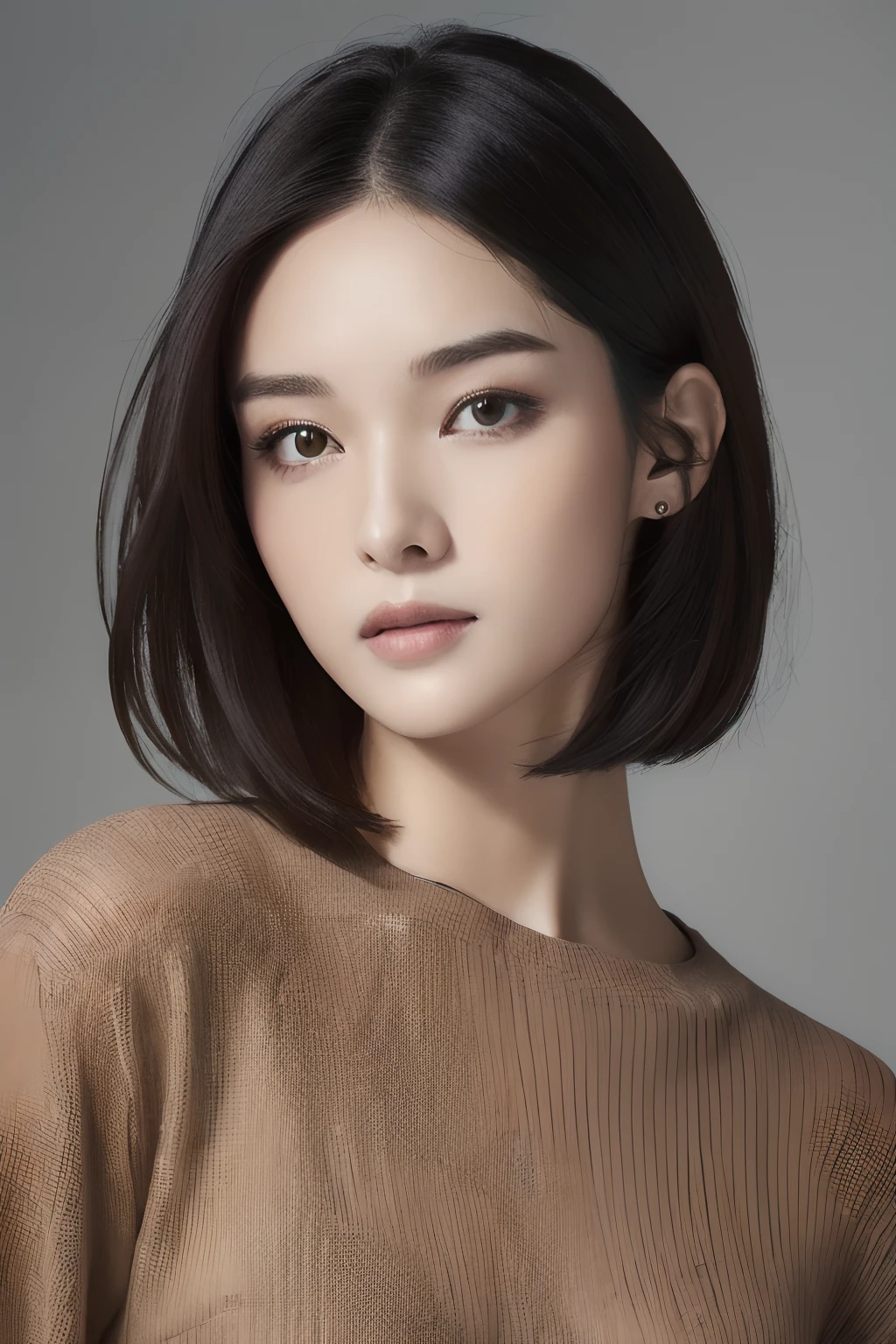 (masuter piece:1.3), (8K, Photorealsitic, Raw photography, top-quality: 1.4), (1girl in), beautiful countenance, (Lifelike face), (A dark-haired, short-hair:1.3), Beautiful hairstyle, realisticeyes, Beautiful details, real looking skin, Beautiful skins, Sweaters, absurderes, enticing, 超A high resolution, A hyper-realistic, high-detail, the golden ratio