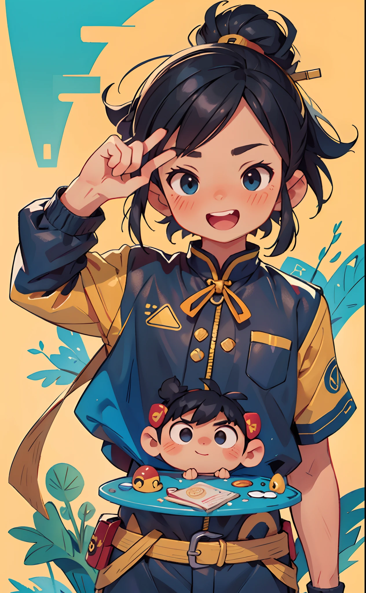primitive，8K，tmasterpiece，simplebackground，Best quality at best，ultra - detailed，illustratio，（1  boy：1.2），黑The eye，Black hair，Blue and yellow uniform，with a round face，chineseidol，full bodyesbian，having fun，