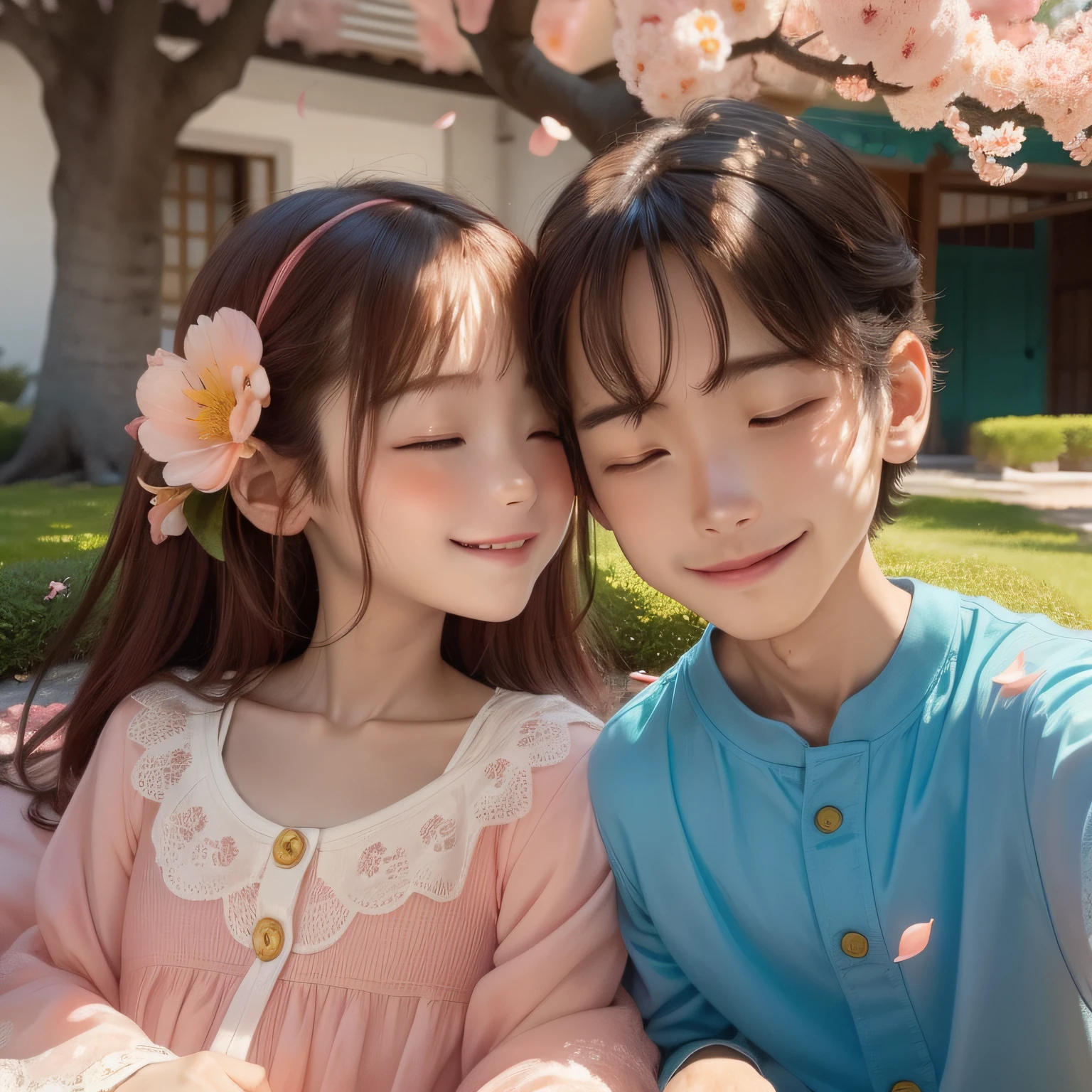 Low courtyard walls，Under the peach tree sat two people side by side。Slanting a ray of sunlight，Flower petals flying，The girl's head rested slightly on the boy's shoulder，The girl holds the boy's hand，Happiness in the sun is so beautiful that it is impossible to see clearly。