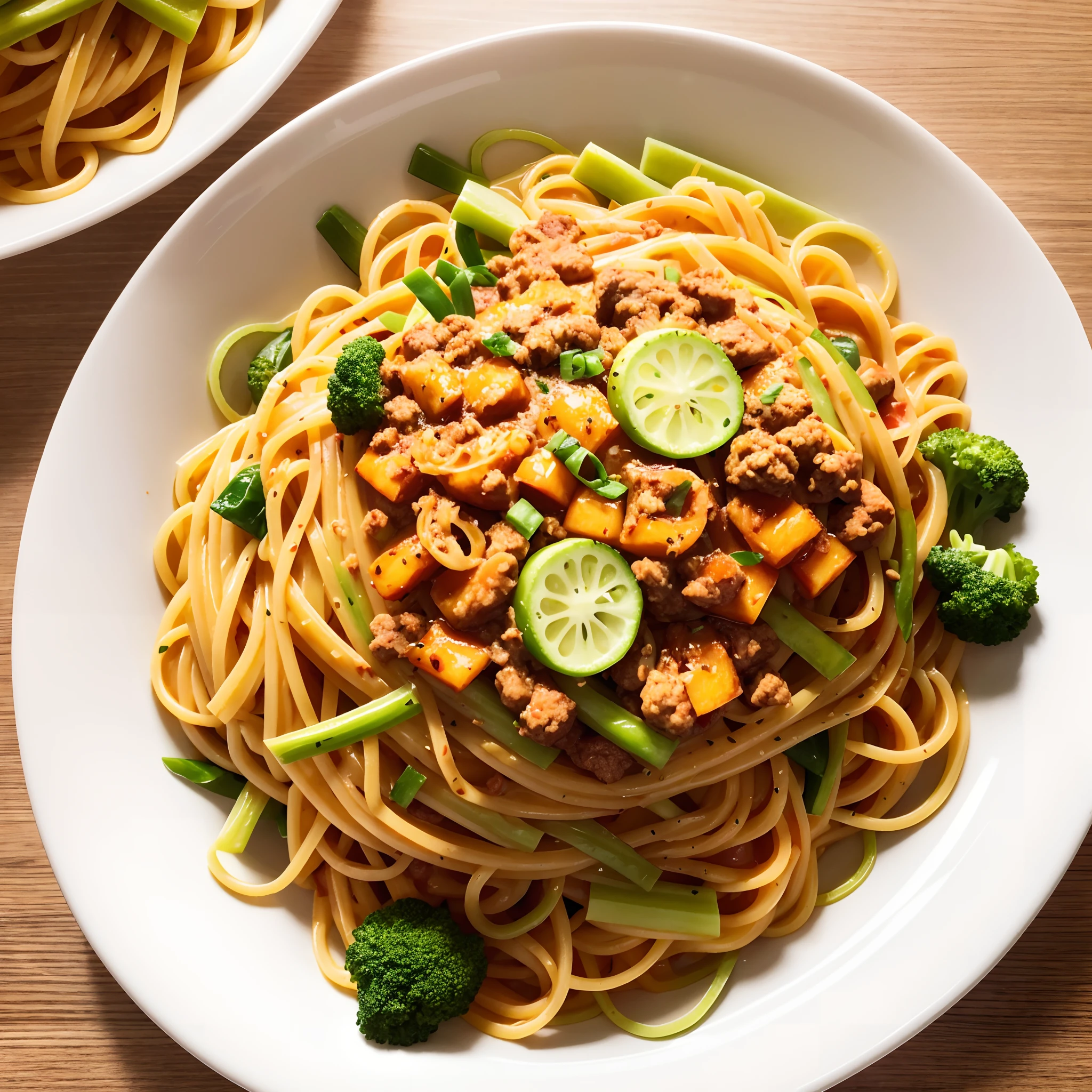 noodle，Yellow noodles，Pasta，Bolognese on the noodles，Green vegetables next to the noodles，Green vegetables，White patterned plate，Bright background，Bright light，Realiy