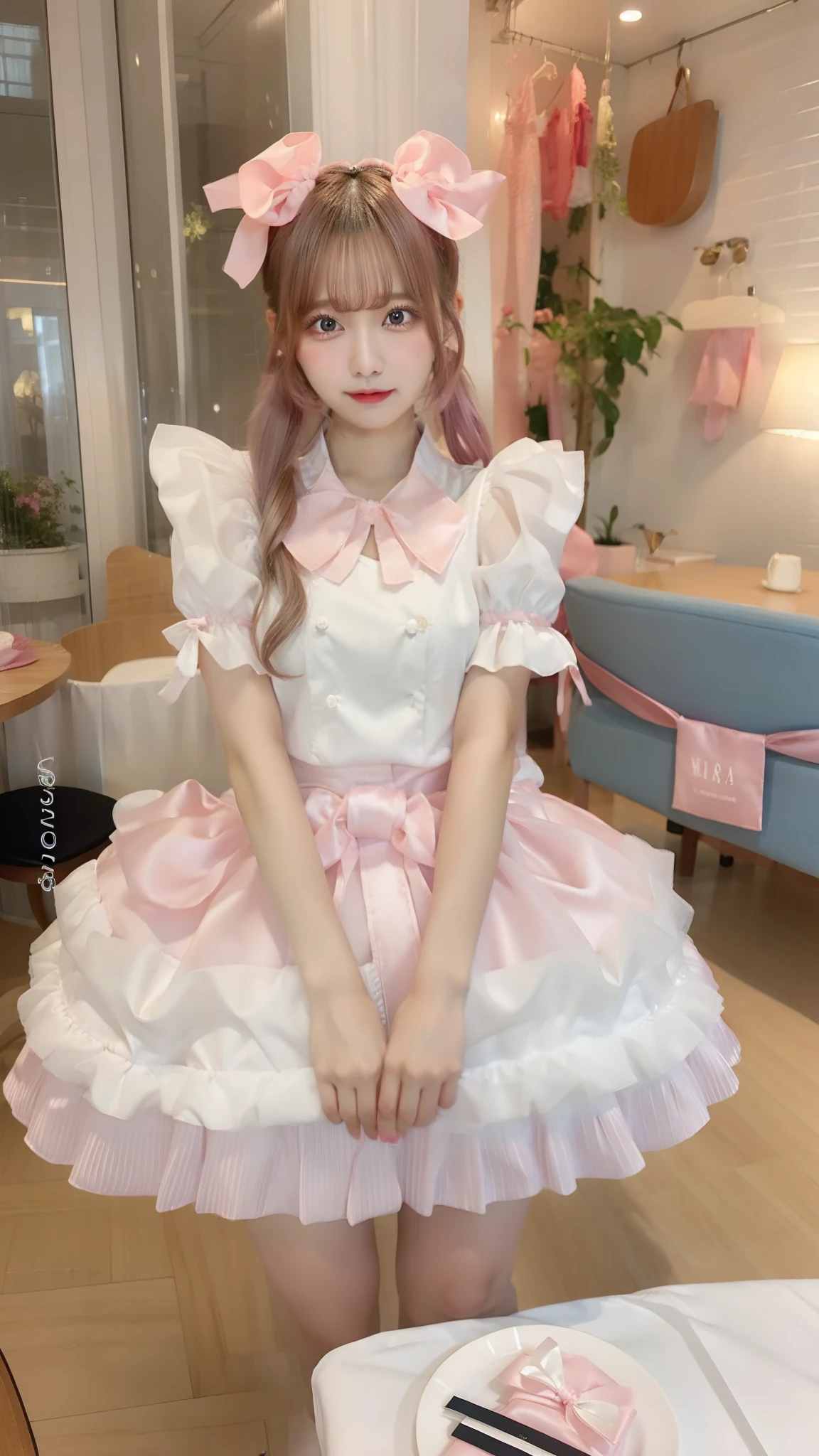 Pink Satin Fabric、busty girl、Large ribbon