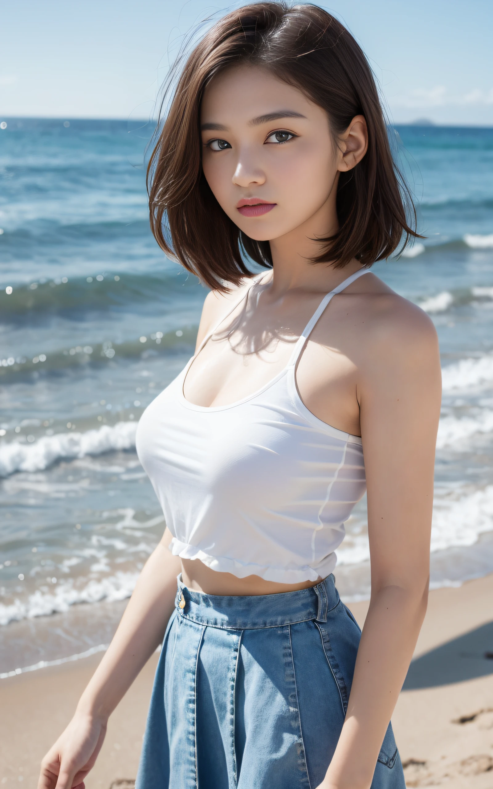 Beautiful feminine white T-shirt shorts fair and delicate skin on the beach hot action sultry