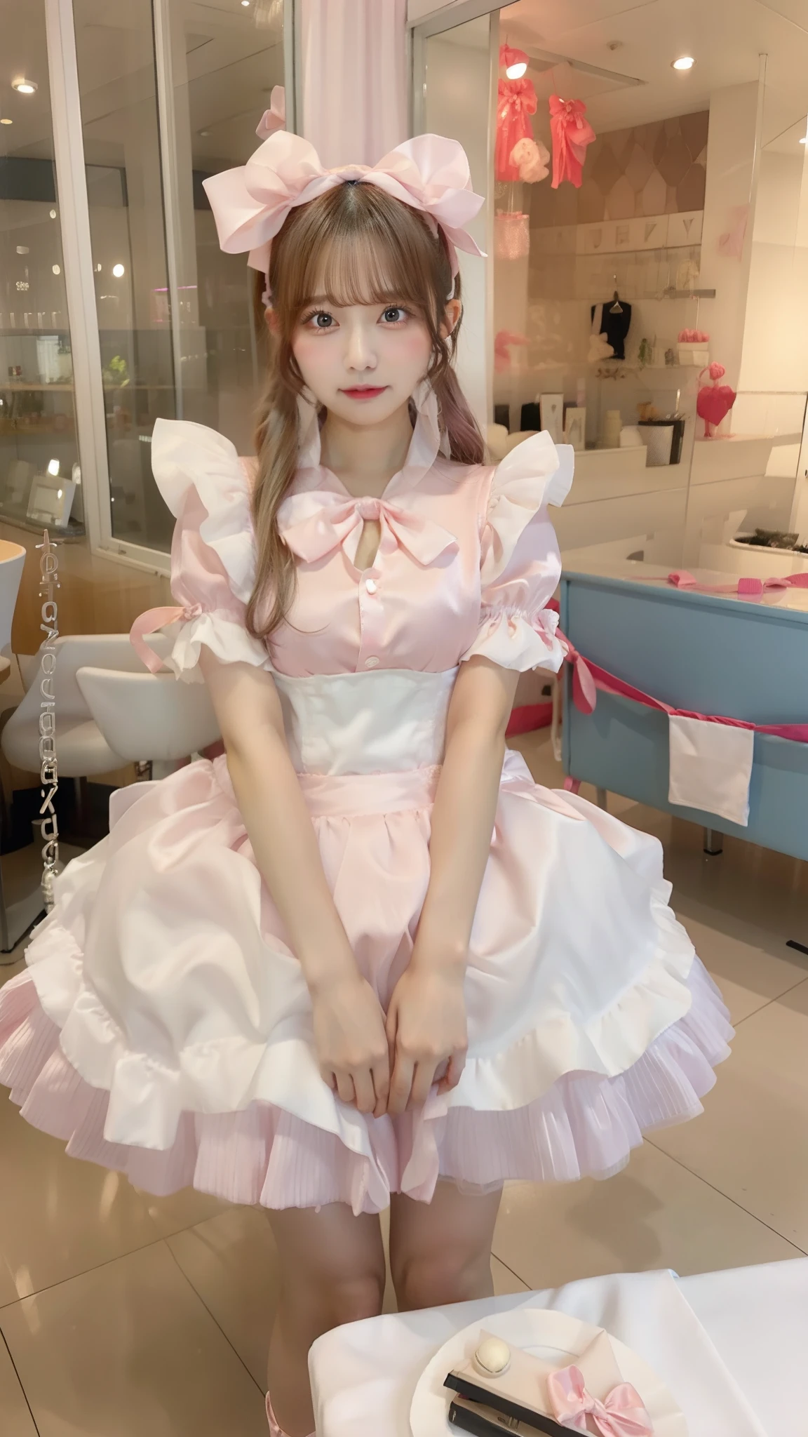 Pink Satin Fabric、busty girl、Large ribbon