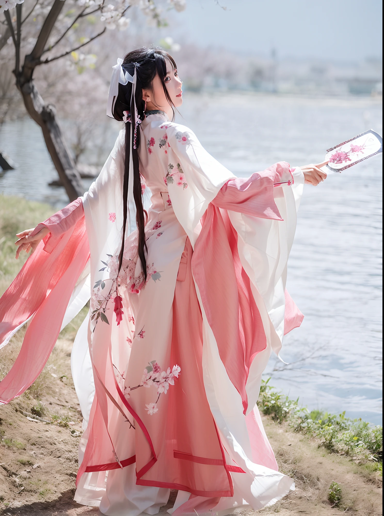 Arad woman in pink and white dress holding a fan, White Hanfu, Hanfu, Palace , A girl in Hanfu, Wearing ancient Chinese clothes, flowing sakura silk, Princesa chinesa antiga, flowing magical robe, Traditional Chinese clothing, Ethereal beauty, flowing sakura-colored silk, Chinese costume, Chinese traditional, Chinese style, wearing flowing dress, Chinese dress