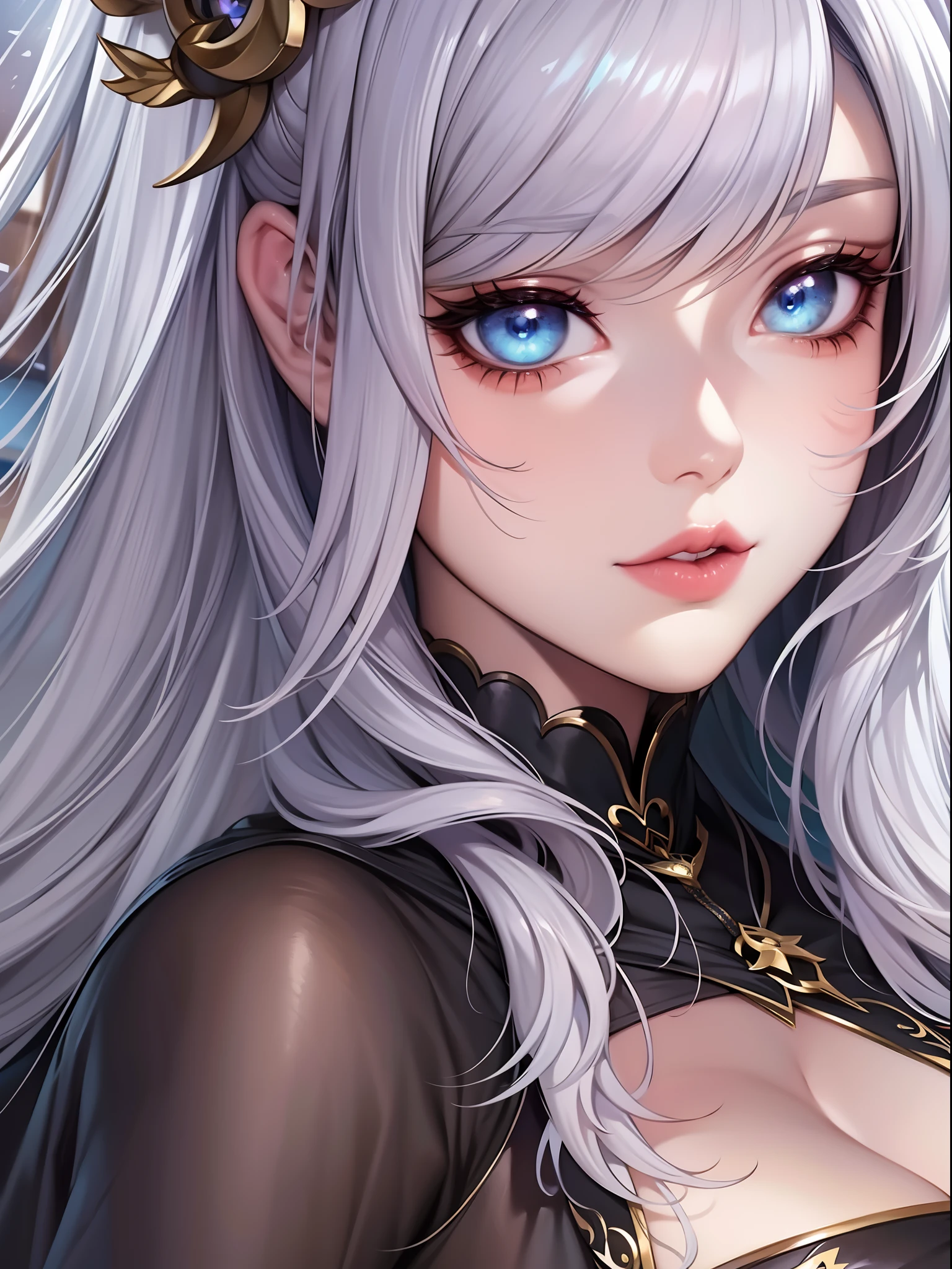 closeup of face,diagonally., Intricate details for beautiful, refined eyes, Anime girl with long white hair and blue eyes posing for photo, shadowverse style, smooth anime cg art, Sase-ri, detailed digital anime art, guweiz, Ishida Sui Art Comics, shadowverse, Official artwork, Pixiv style, Detailed anime artwork, artbook artwork, seductive anime girls, Sogetsu, Detailed anime character art, dead