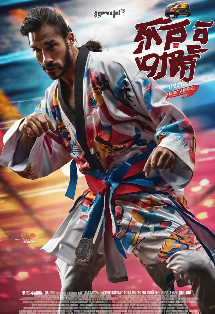 kimono branco com gola preta e faixa preta, movimentos de alta qualidade de taekwondo, dynamic action, poderosos golpes, plano de fundo para cartaz esportivo.