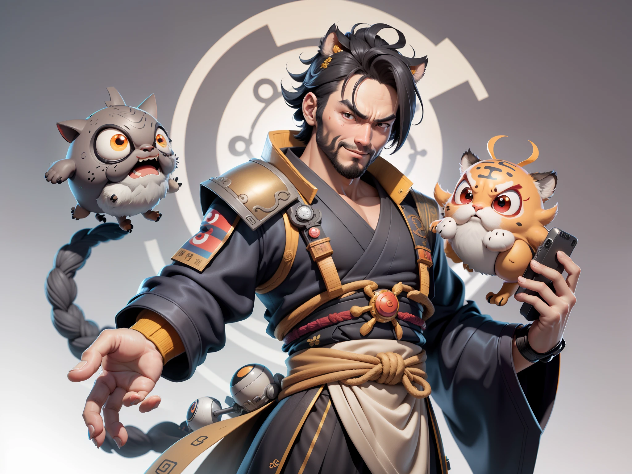 (Daisaku),(Need),(Super meticulous),(full bodyesbian:1.2),Super young man with Japanese geisha,Beautiful,orient,one tiger,Aeolian Thor,Raised sexy,爆乳,Oriental face,TV Anchor,Bust portrait illustration,In black suit,a blue tie,The face is slightly chubby,The face was clean,without a beard,Black super short hair,Black eyes,Smile confidently,3C computer sub-products,iPad, iphone,Digital painting,3D character design by Mark Clairen and Pixar and Hayao Miyazaki and Akira Toriyama,The illustration is a high-definition illustration in 4K resolution,With very detailed facial features and cartoon-style visuals。