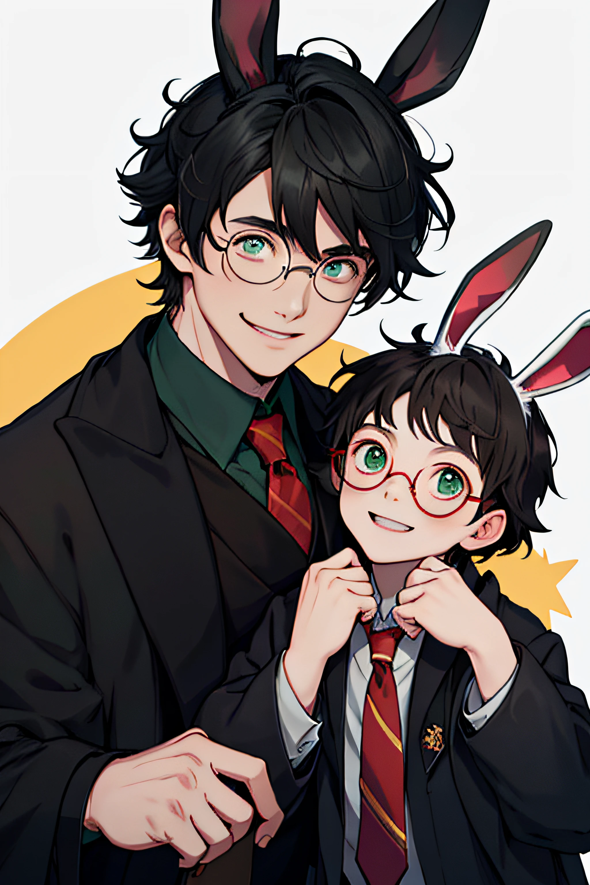 harry potter, boy, black hair, tousled, green eyes, wear glasses, pale, child, cute, big smile, black coat, red tie, bunny ears