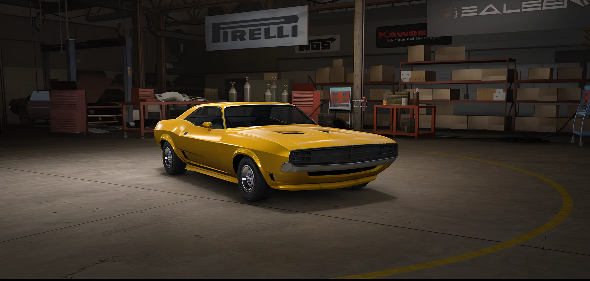Arafed yellow car in stock with boxes and shelves, based on Bumblebee, Photorealistic octane rendering, Muscle cars, Октановый фотореалистичный 3D-рендеринг, Octane render", Высокодетализированное гиперреальное ретро, Realistic 3D octane rating, Realistic cars, fine details, 8K octane rendering, Rendering in Arnold Engine, Semi-realistic render, Daniel Maidman Octane Rendering