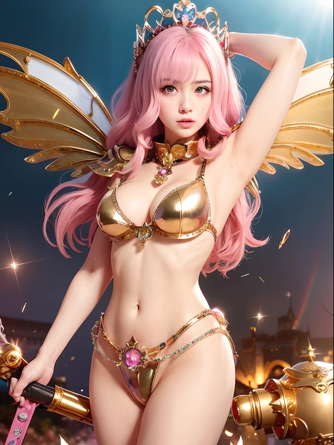 (masutepiece), Professional , masterpiece、top-quality、photos realistic , depth of fields (Gemstone White Metal Body:1.9),(Matte White Pink、Jewel Gold Weapon、(Gorgeous castle background)、(ultimate beauty girl)、(Rainbow fairy wings grow)、Particles of light、(Metal body of iridescent gemstones:1.9),Gorgeous Jewel Metal Weapons ,(maikurobikini)、 Detailed Sword of the Brave ,( Pink hair) ,warhammer 40k , adepta sororitas,Detail and ornate jewel crown、独奏、Brown hair、Mystical expression、cleavage of the breast、(Gangle's forest background)、Beautiful Caucasian beauty、1a person、dynamic ungle,(((Diamond tiara with detail and luxury)))、a small face、Powerful poses、(Gorgeous castle background)、huge filesize、20 year old beautiful woman、Stand in the center of the screen、Thin female fingers、Straight long hair、Beautiful Caucasian beauty、(maikurobikini)、Hair fluttering in the wind、face forwards、Look at viewers、(Armpit)、Armpit、