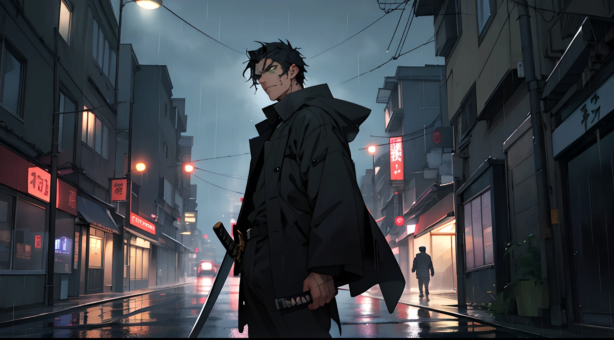 anime, boy, black hair, black clothes, long coat, katana in right hand, green eyes, scar on face, urban background, night, rain