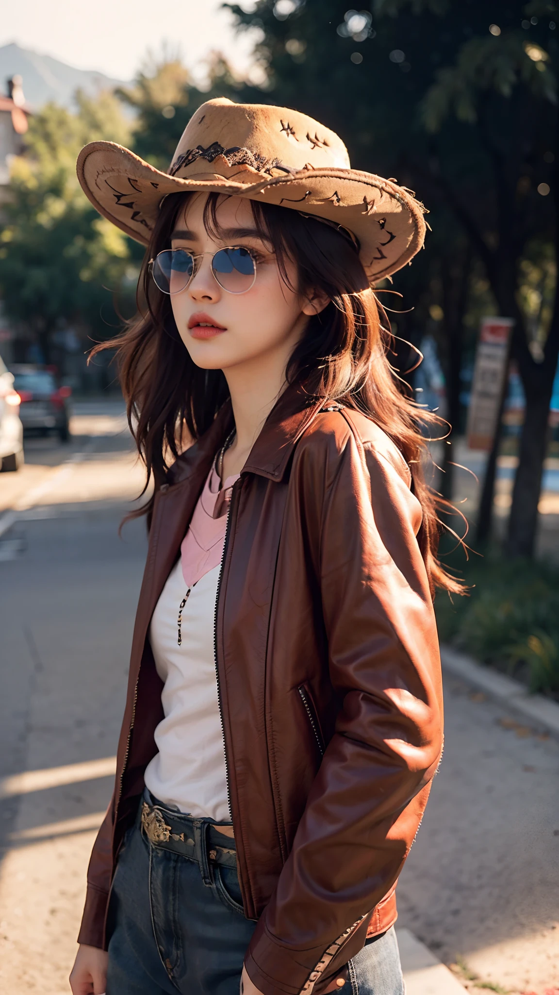 4k hltra hd, mastermiece, best quality, a girl, good face, detailed, sun glasses, detailed lips, long hair, strait hair, wearing cowboy clothes, pink leather jacket, pink clothes, cowboy hat, nature background, morning, attractive pose,