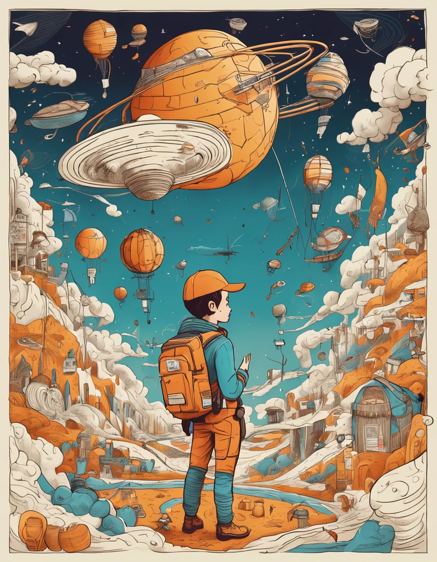 A teenager dressed in an explorer's costume flies through the sky,Surrounded by noodles and various ingredients,These long faces are like floating milky ways,Various ingredients surround it。The teenager holds the map,An illustration that is about to solve various puzzles related to noodle dishes。