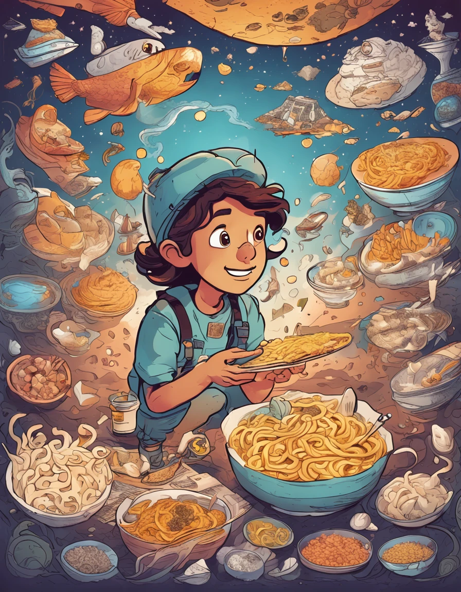 A teenager dressed in an explorer's costume flies through the sky，Surrounded by noodles and various ingredients，These long faces are like floating milky ways，Various ingredients surround it。The teenager holds the map，An illustration that is about to solve various puzzles related to noodle dishes。