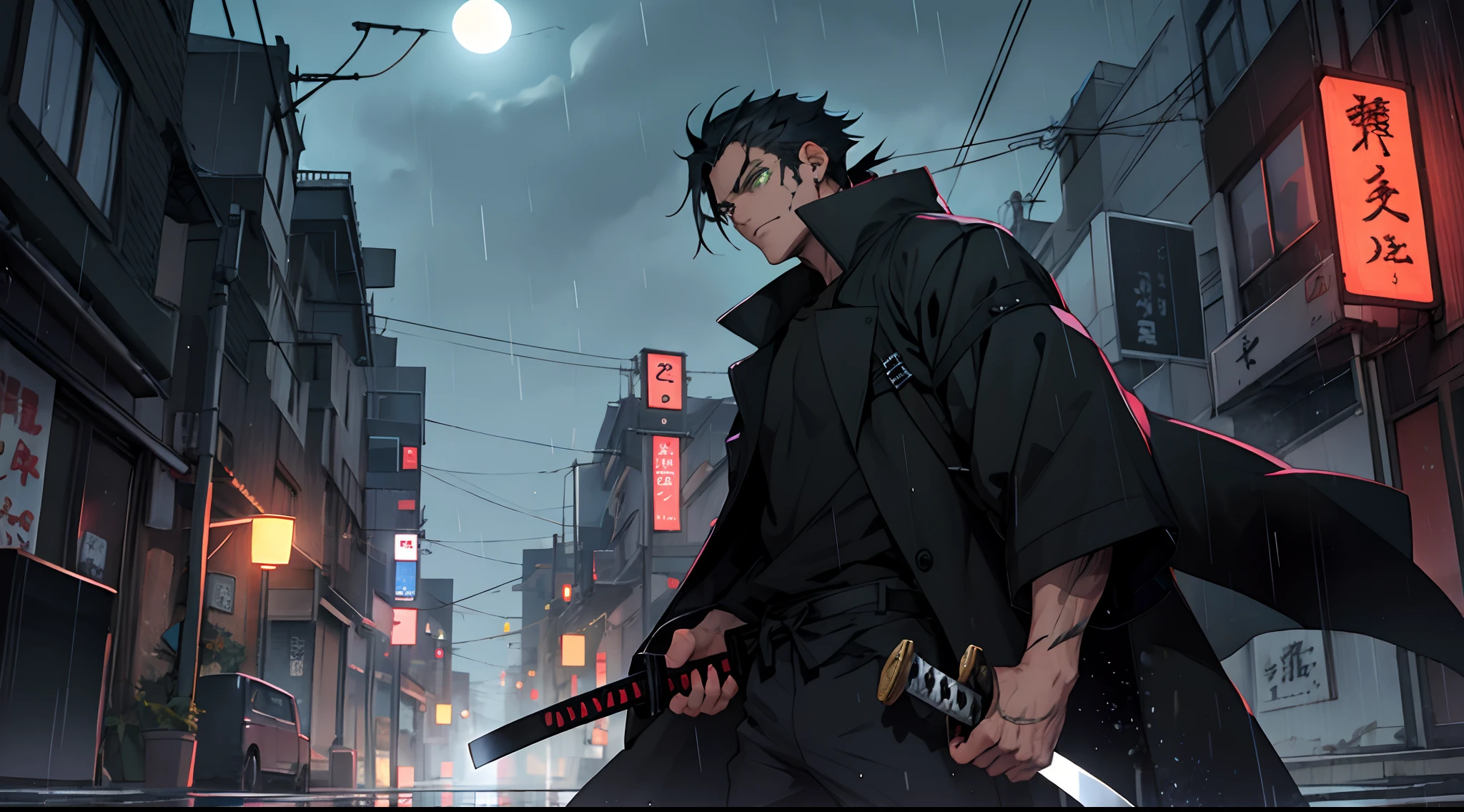 anime, boy, black hair, black clothes, long coat, katana in right hand, green eyes, scar on face, urban background, night, rain