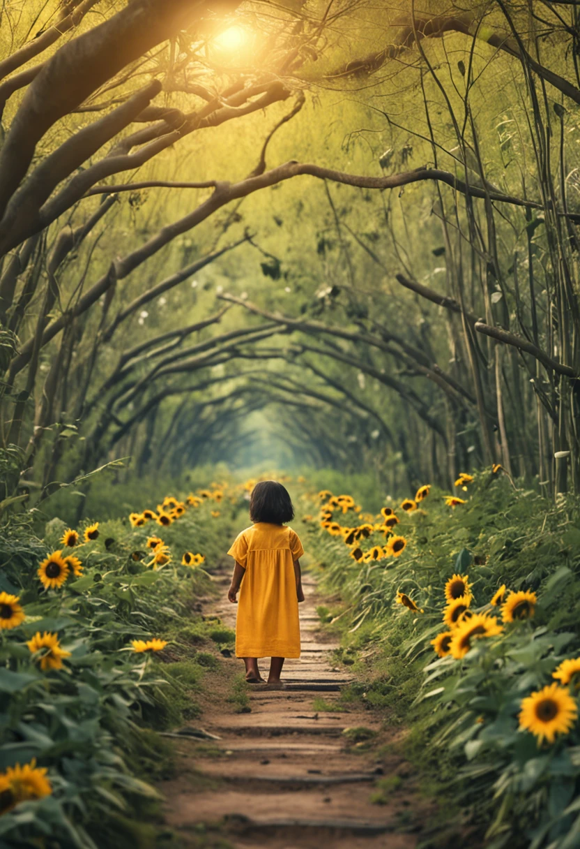 An earthy road,It is surrounded by bamboo forests,A walking on the road,A sunflower fell on the ground,The girl looked at this sunflower