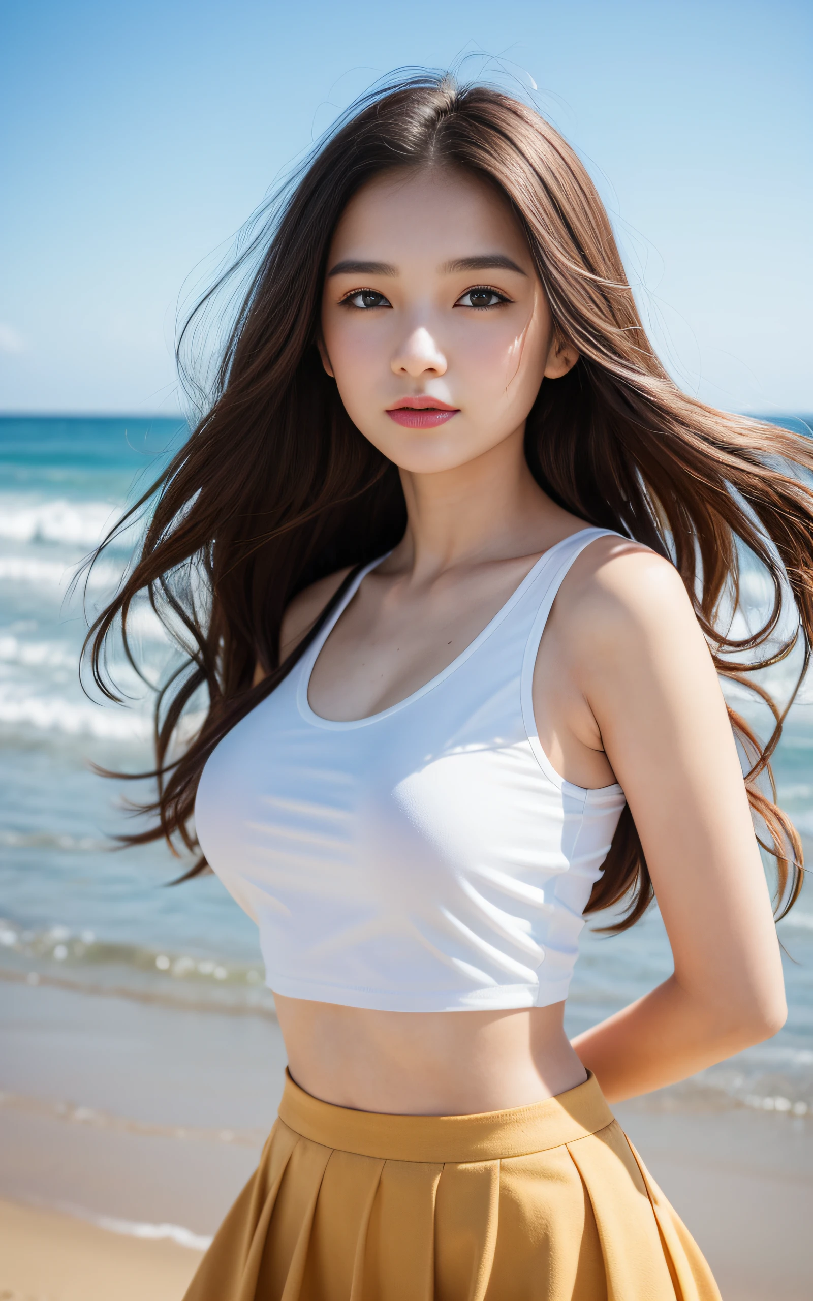 ((Best Quality, 8K, masutepiece: 1.3)), Sharp Focus: 1.2, 1 girl, Neat and clean beauty, , emotive,Classy and elegant, A pretty girl with perfect figure, Cute, Shy, ((Medium hair swaying in the wind)), Big breasts, (Tank top: 1.1), Skirt, Highly detailed face and skin texture, Detailed eyes, Beach,