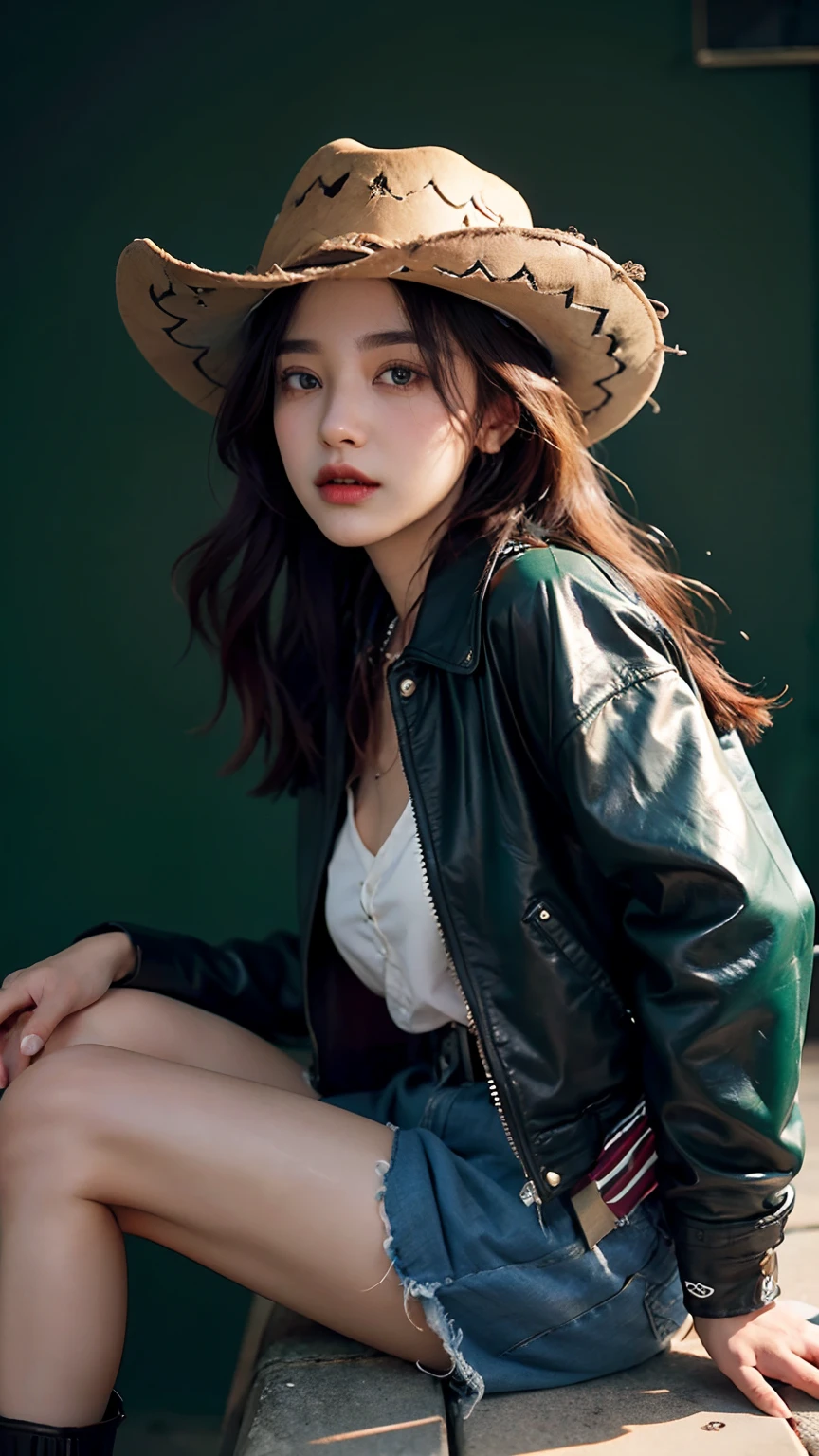 4k high definition, Mastmis, Best quality, A girl, Good face, Detailed eyes, Detailed lips, Long hair, Strait hair, Wear denim clothing, Green leather jacket, green outfit, Cowboy hat, Blurred background, Morning, Sitting, Full body capture,