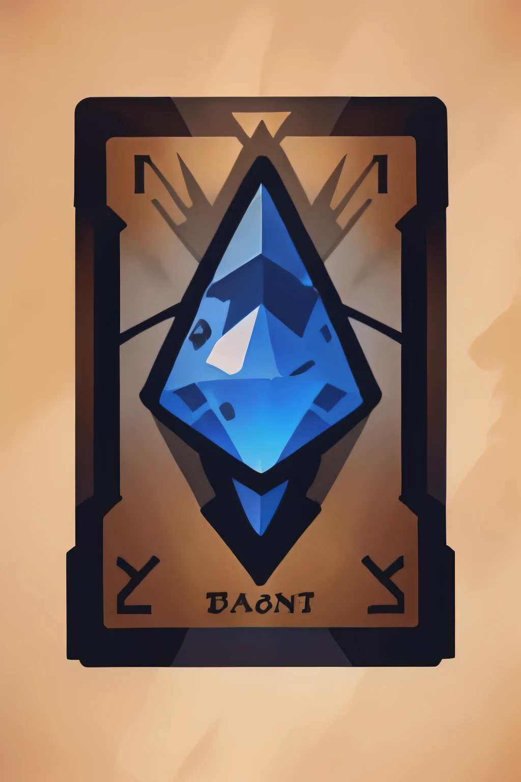 Draw three blue crystal ores on brown background,On the ore there is a paladin's longsword crossed with the barbarian's warhammer， tarot card layout, tarot design, card back template, full card design, the tarot card of earthly demise, tarot cards, Siegel, tarot design, Center in the panel, symmetrical tarot card, card art, grimoire page, Card templates, trading card fond