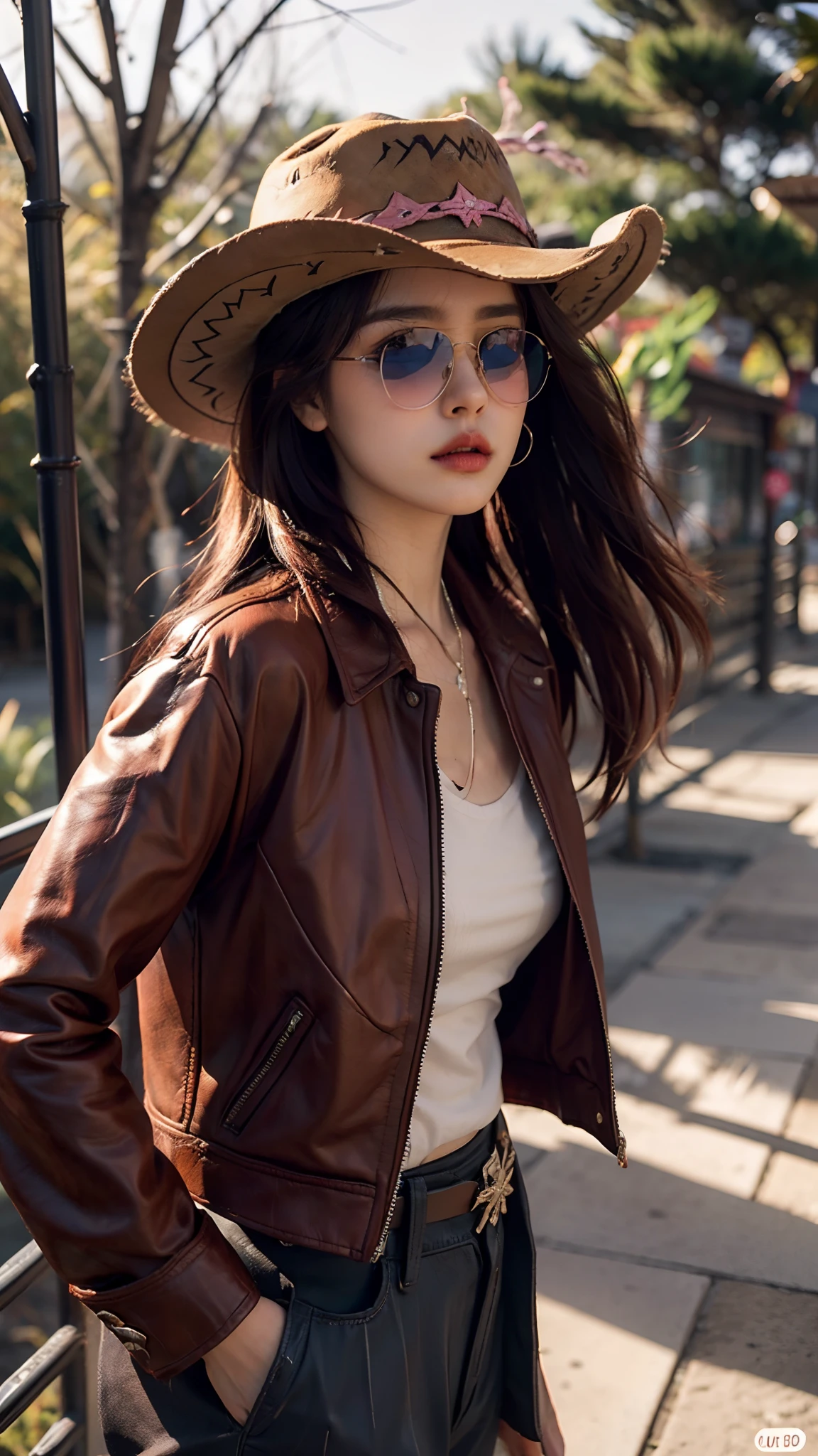 4k hltra hd, mastermiece, best quality, a girl, good face, detailed, sun glasses, detailed lips, long hair, strait hair, wearing cowboy clothes, pink leather jacket, pink clothes, cowboy hat, forest background, sun lighting, attractive pose,