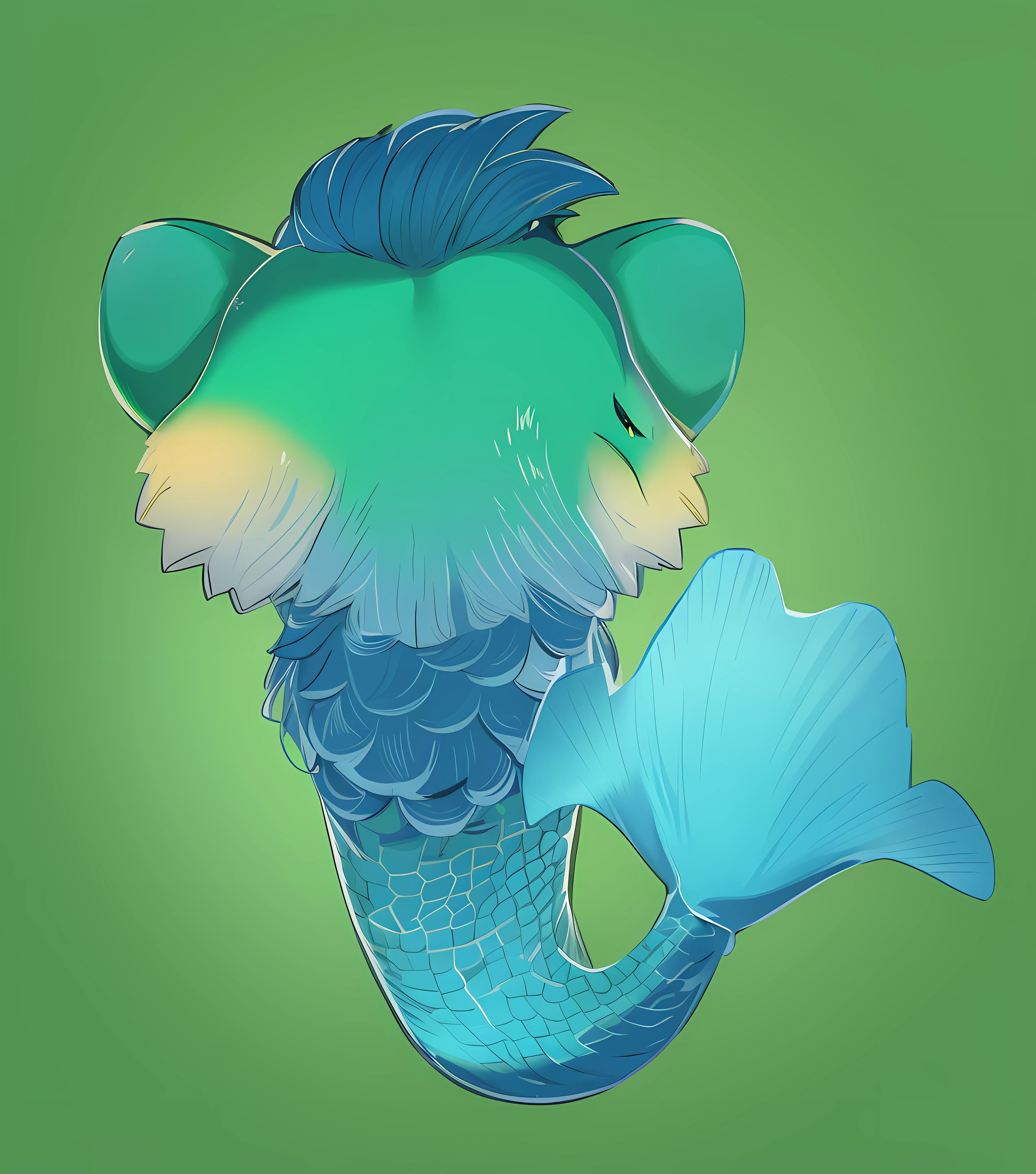 tmasterpiece, Lion's head fish, on  back, Fish length, （Low saturation green gradient：Body、whair, Lovely head）,single body, High-quality portraits，tack sharp focus， 16k， （Lion cubs）， （sbeard）， Solo creatures， full-shot，（white backgrounid）,