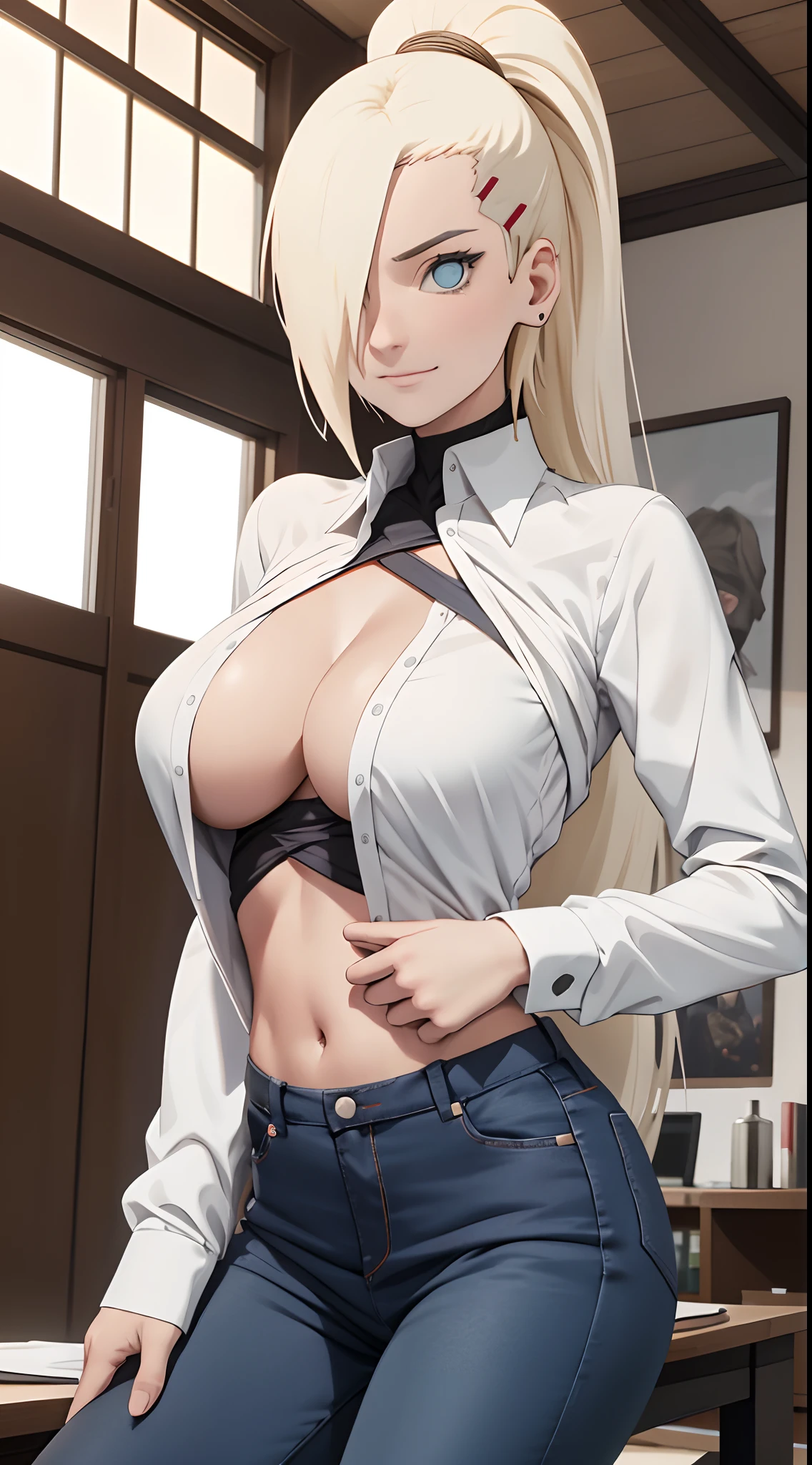 Ino yamanaka， Schneit， sat，Spaltung，smil，Rot im Gesicht sein，drinnen im Zimmer，Nahaufnahme Nahaufnahme，mit einer guten Figur,mid large breasts,Breasts fall out right away,clenched breasts,tight open white shirt,Blaue skinny Jeans